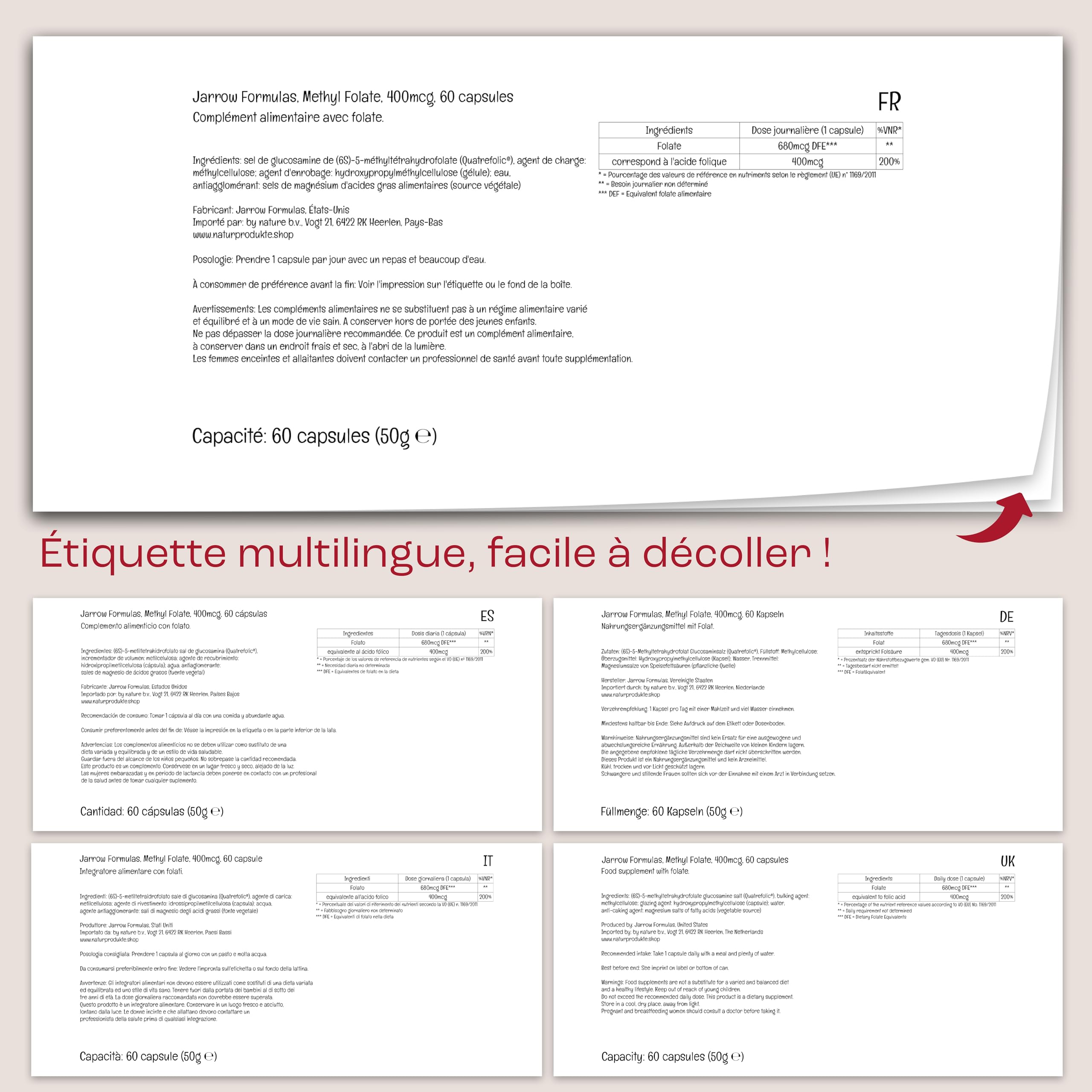 Jarrow Formulas, Methyl Folate (5-MTHF), 400mcg, Acide Folique, 60 Capsules végétaliennes, Testé en Laboratoire, Sans Gluten, Végétarien, Sans Soja, Sans OGM
