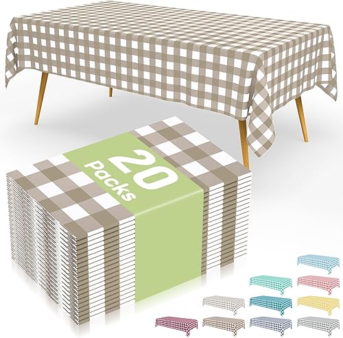 Miniatura 10 de Smiry Paquete de 8 manteles desechables a cuadros, mantel de plástico impermeable de 54 x 108 pulgadas, manteles rectangulares a cuadros caqui y