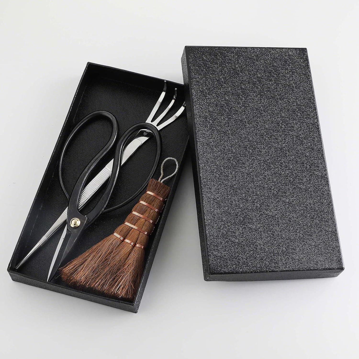 Wazakura Juego de 3 herramientas japonesas para jardín bonsái, hecho en Japón, tijeras tradicionales de bonsái, escoba china. Juego para principiantes con pinzas, tijeras y cepillo