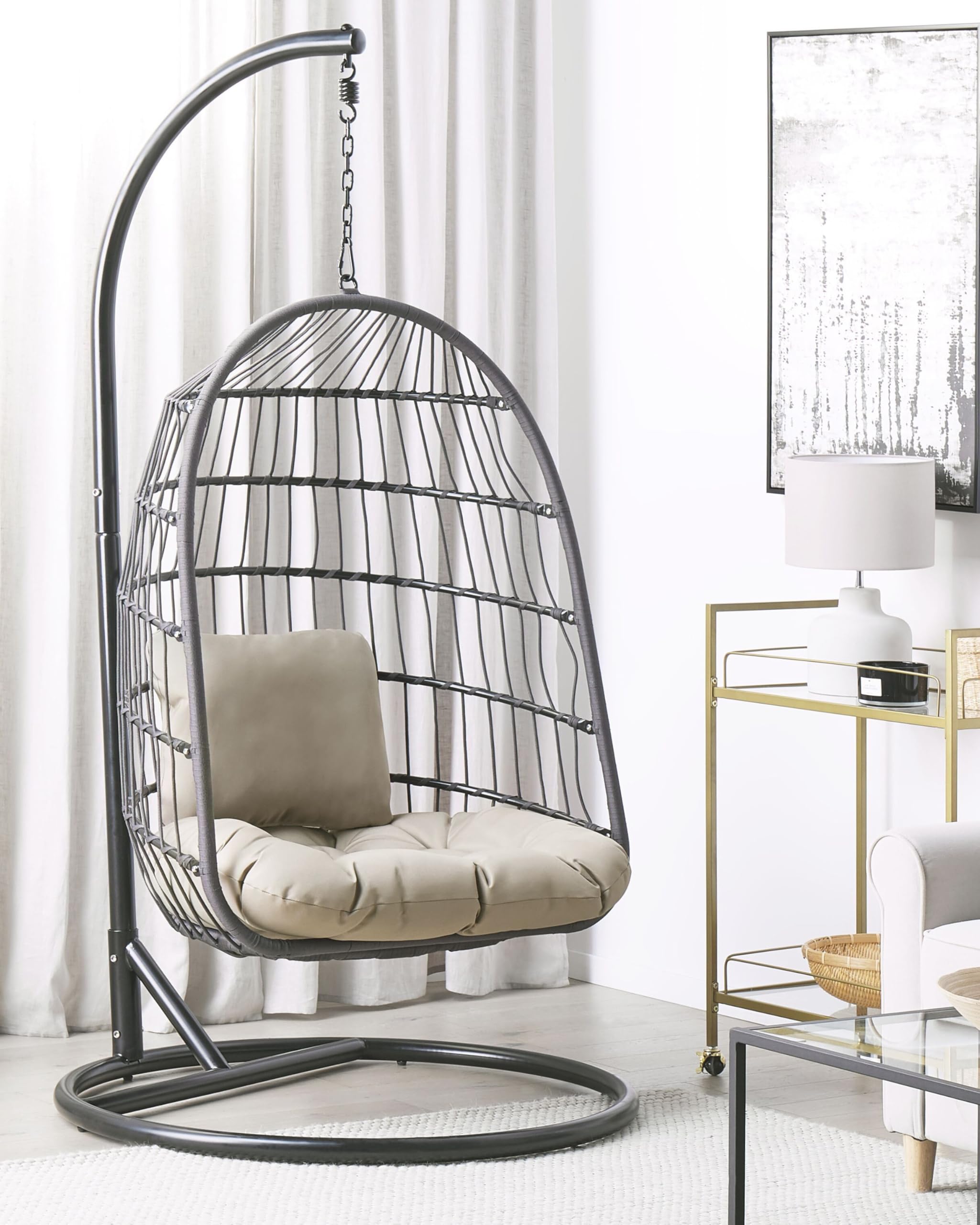 Fauteuil Suspendu Gris avec Coussin et Support Noir 102 cm en Métal et Rotin Très Confortable pour Extérieur Style Boho Beliani