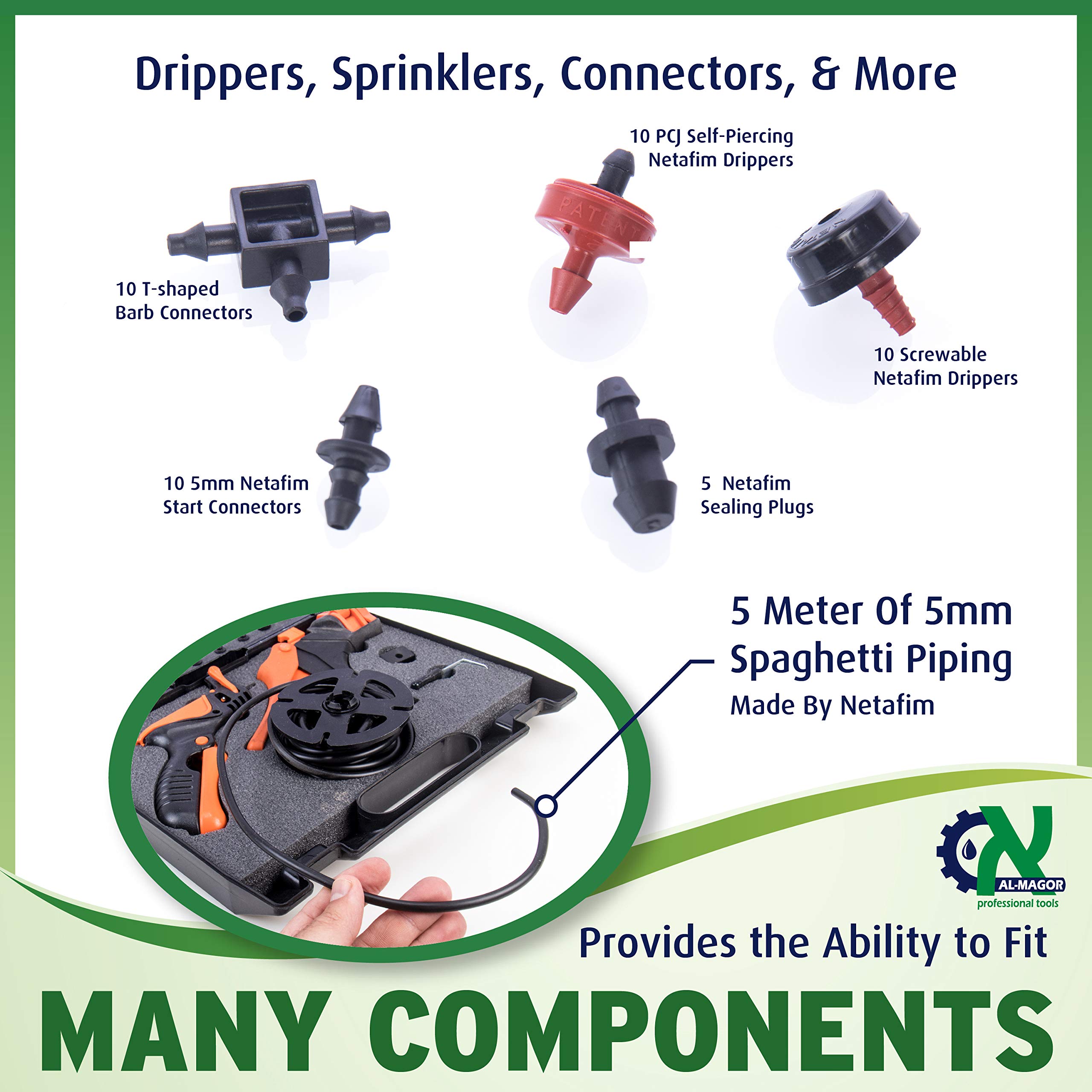 AL-MAGOR Kit di irrigazione da giardino: set completo per l'installazione, l'inserimento di irrigatori, gocciolatori in tubi in PE con strumenti, spine, connettori e custodia