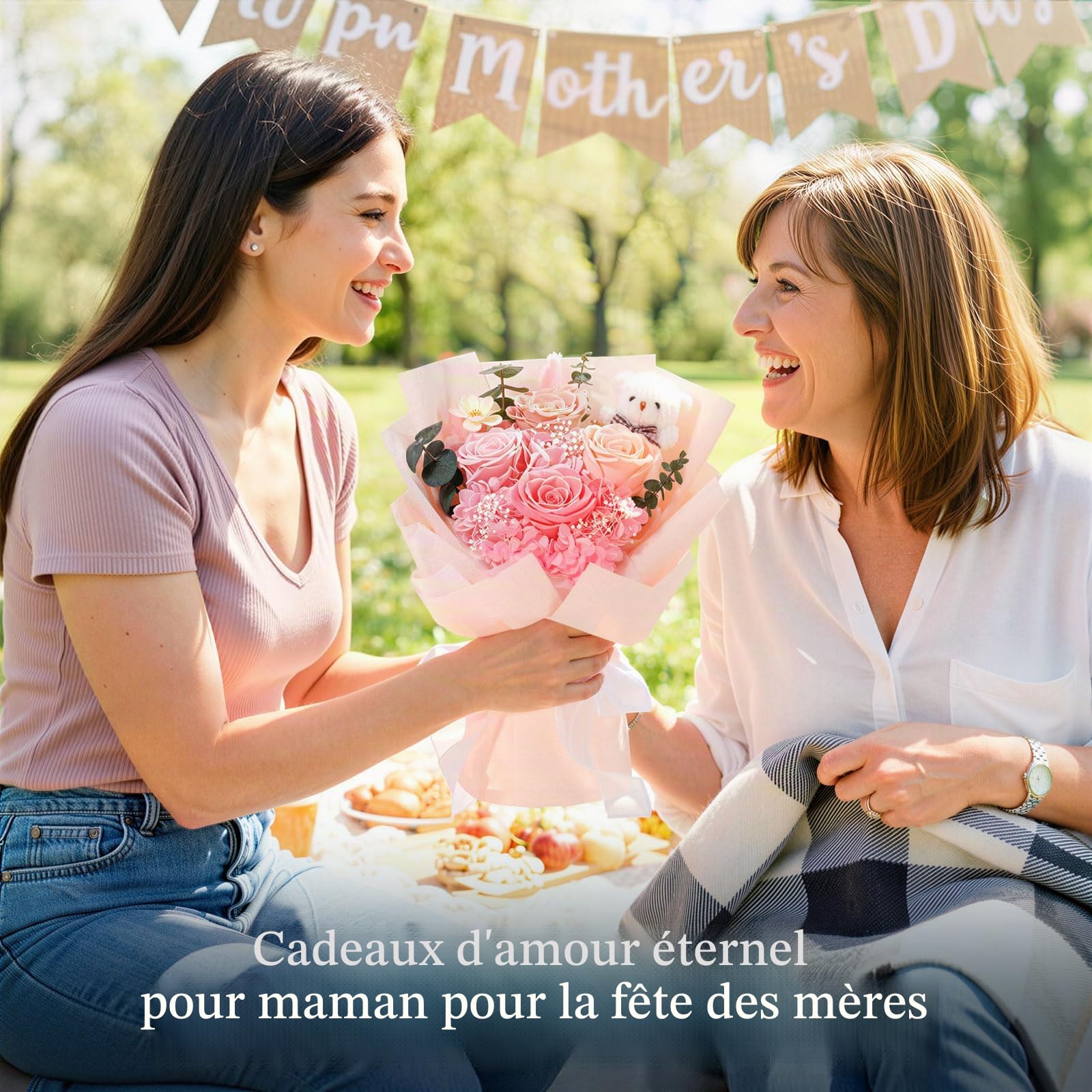 Emibele Fleurs Pour Livraison Prime Bouquets Fleurs Préservées Avec Ours | 4 Roses Roses Éternelles, Cadeaux pour Saint-Valentin, Fête Mères, Anniversaire, Diplôme – Pour Elle, Copine, Femme, Maman