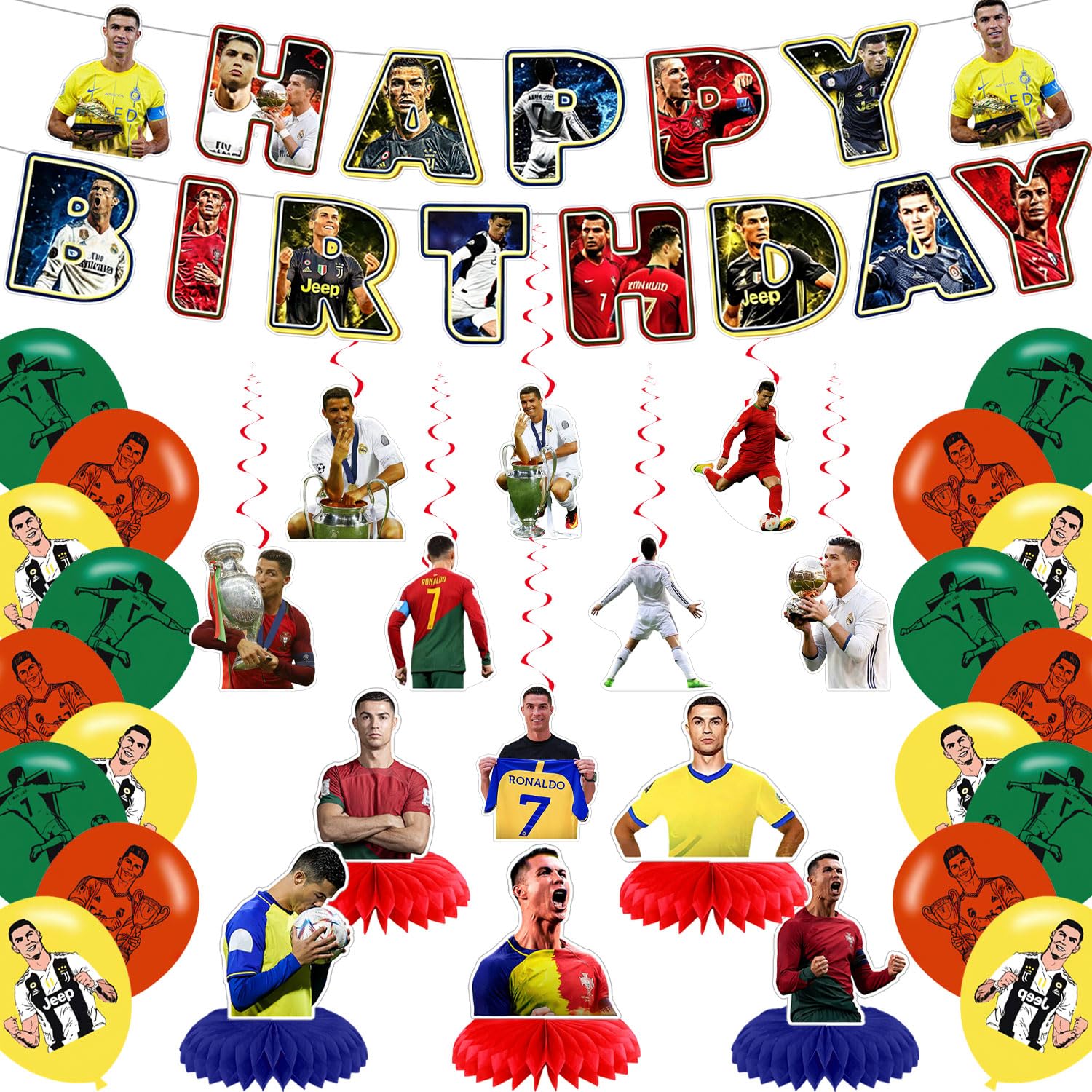 Décoration d'anniversaire Ronaldo avec bannière, tourbillons, centres de table, ballons en latex pour fête sportive