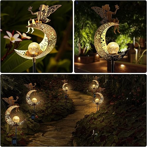 Miniatura 2 de ConKrian Luces solares de jardín estaca de globo de cristal con luces de metal de ángel impermeable luz blanca cálida para césped patio o patio