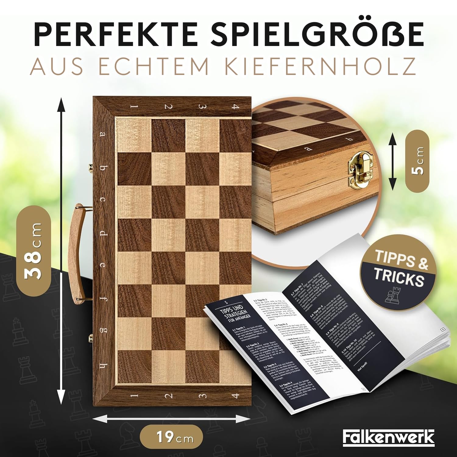 FALKENWERK Magnetisches Schachspiel Holz [38x38 cm] - Handgefertigtes Schachbrett aus Echtholz - Hochwertiges Schach Brett inkl. Anleitung & Tipps - Klappbares Chess Board mit Tragegriff