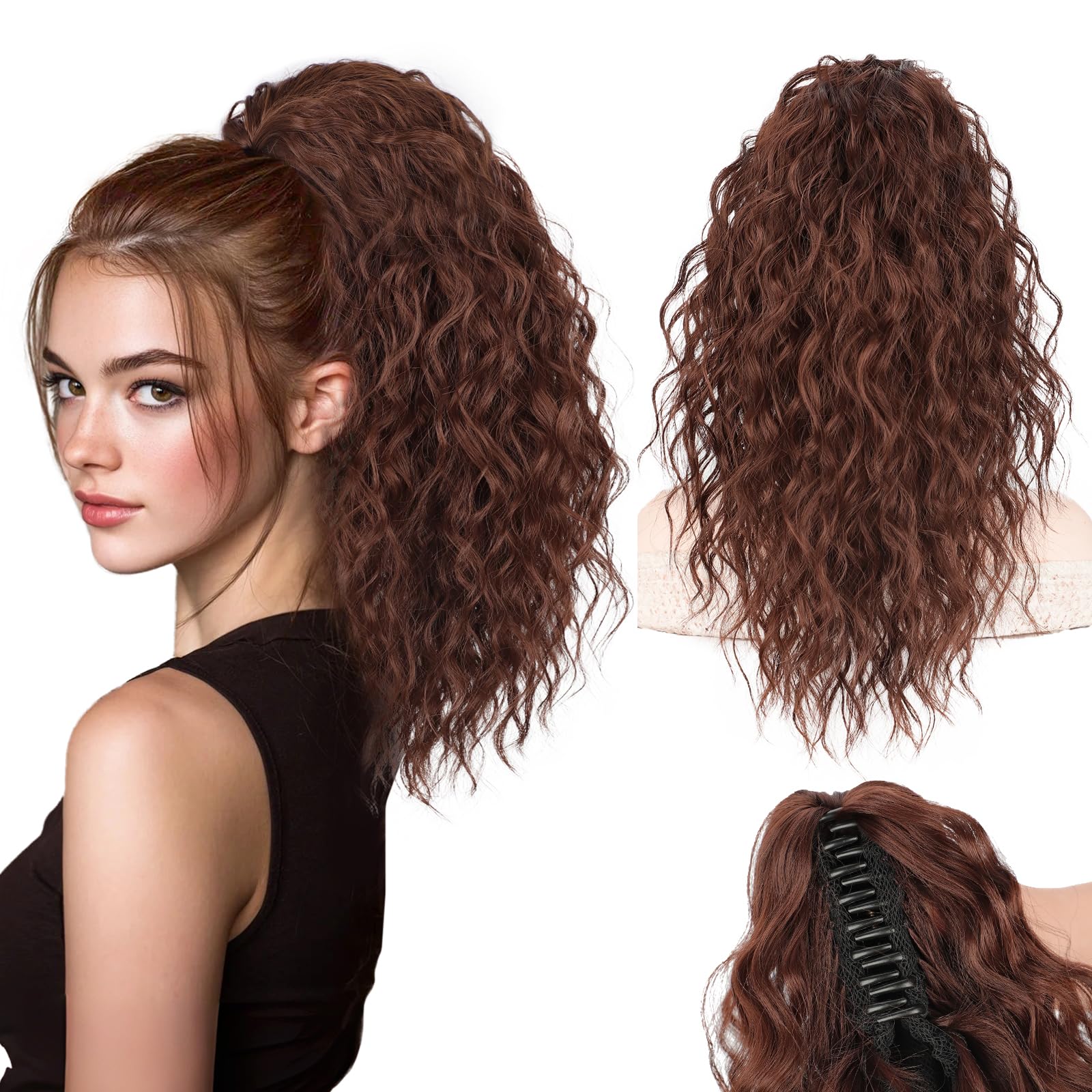 Photo 1 of Stamped Glorious Ponytail Extension 18" Curly Wavy Pony Tail Claw Multi Layered Clip on Ponytail Extension Fluffy Natural Looking Synthetic Hair Piece for Women(Omber Almand Brown)