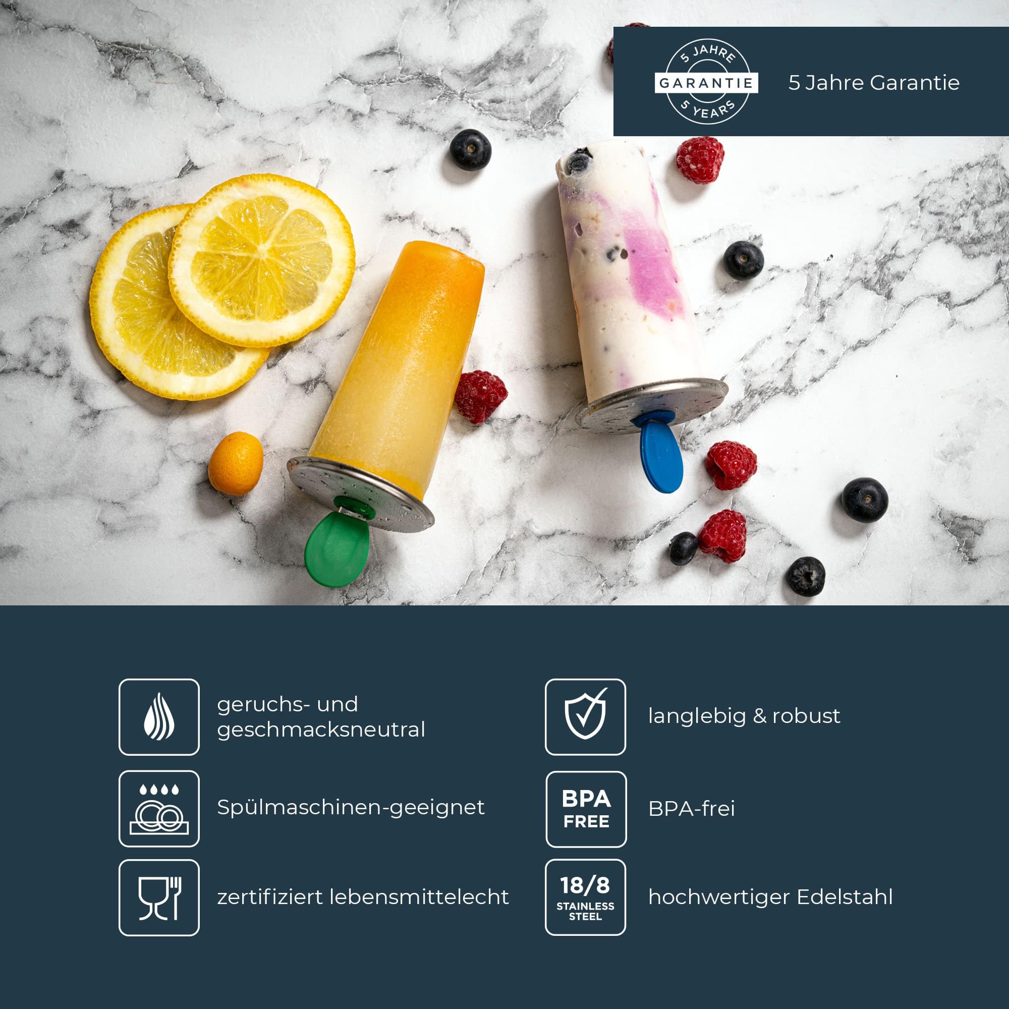 Eco Ice Pops - Eiswürfelform aus Edelstahl BPA frei und Spülmaschinenfest - Eiswürfelbehälter ohne Schadstoffe für klare Eiswürfel - 0,6L 6 Stück
