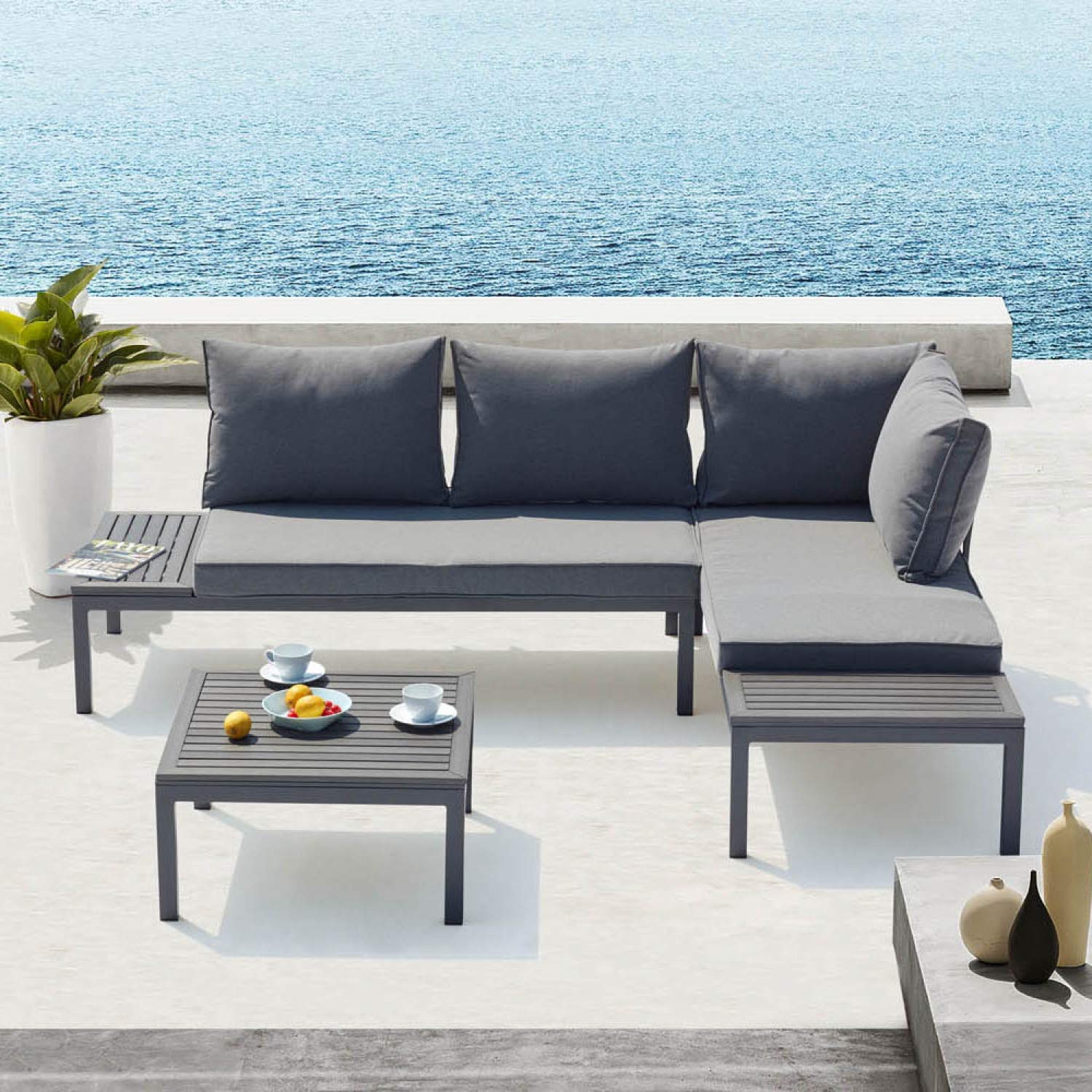 CONCEPT USINE - Salon de Jardin Bas Modulable 4 Places Gris Foncé Design Lolea - Aluminium et Acier - Table Basse Carrée - Dossier Assise Déhoussables - Résistant, Imperméable
