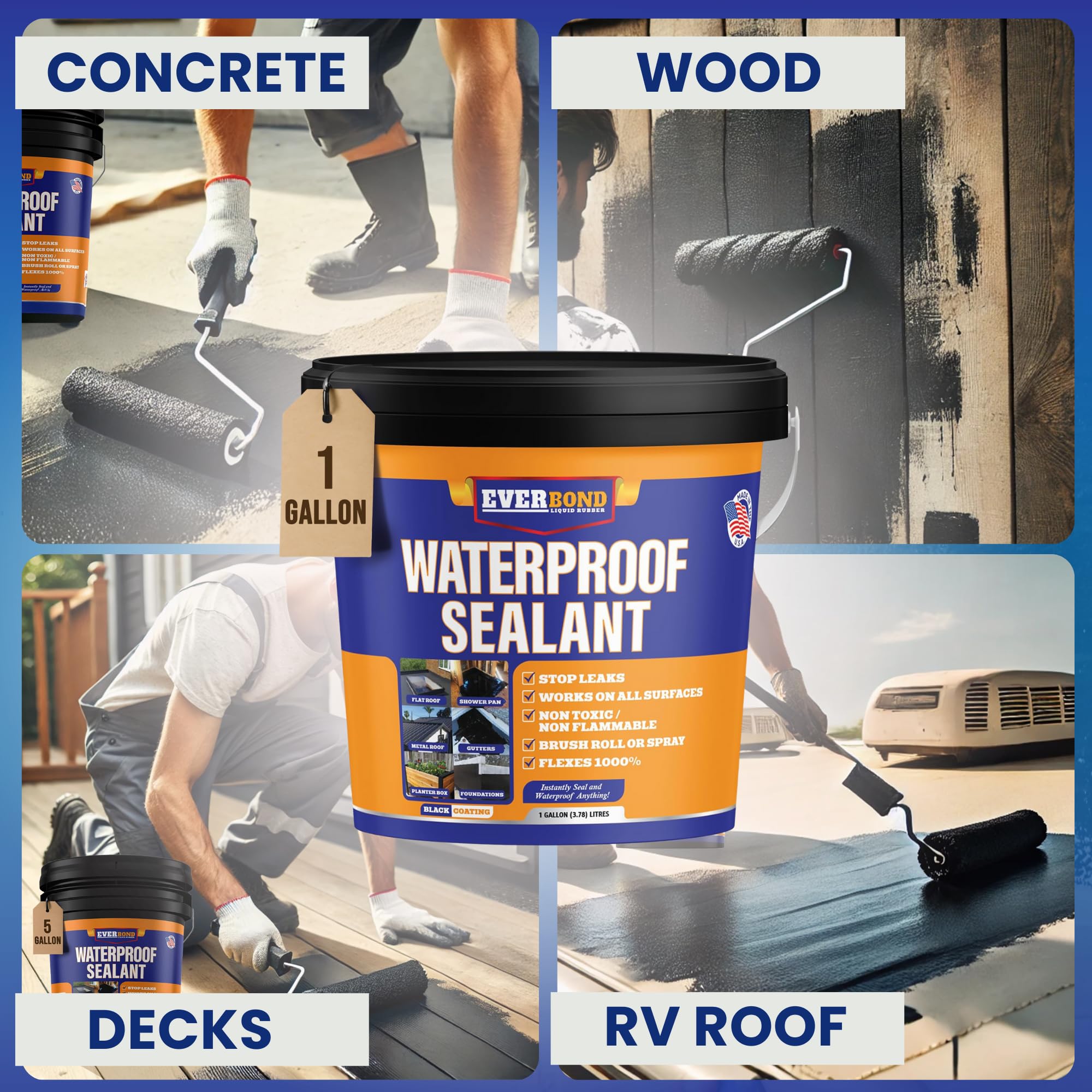 Waterproof Sealant - All Surface Leak Repair Indoor and Outdoor Waterproof Coating, Water-Based, Easy to Apply, Original Black, 1 Gallon