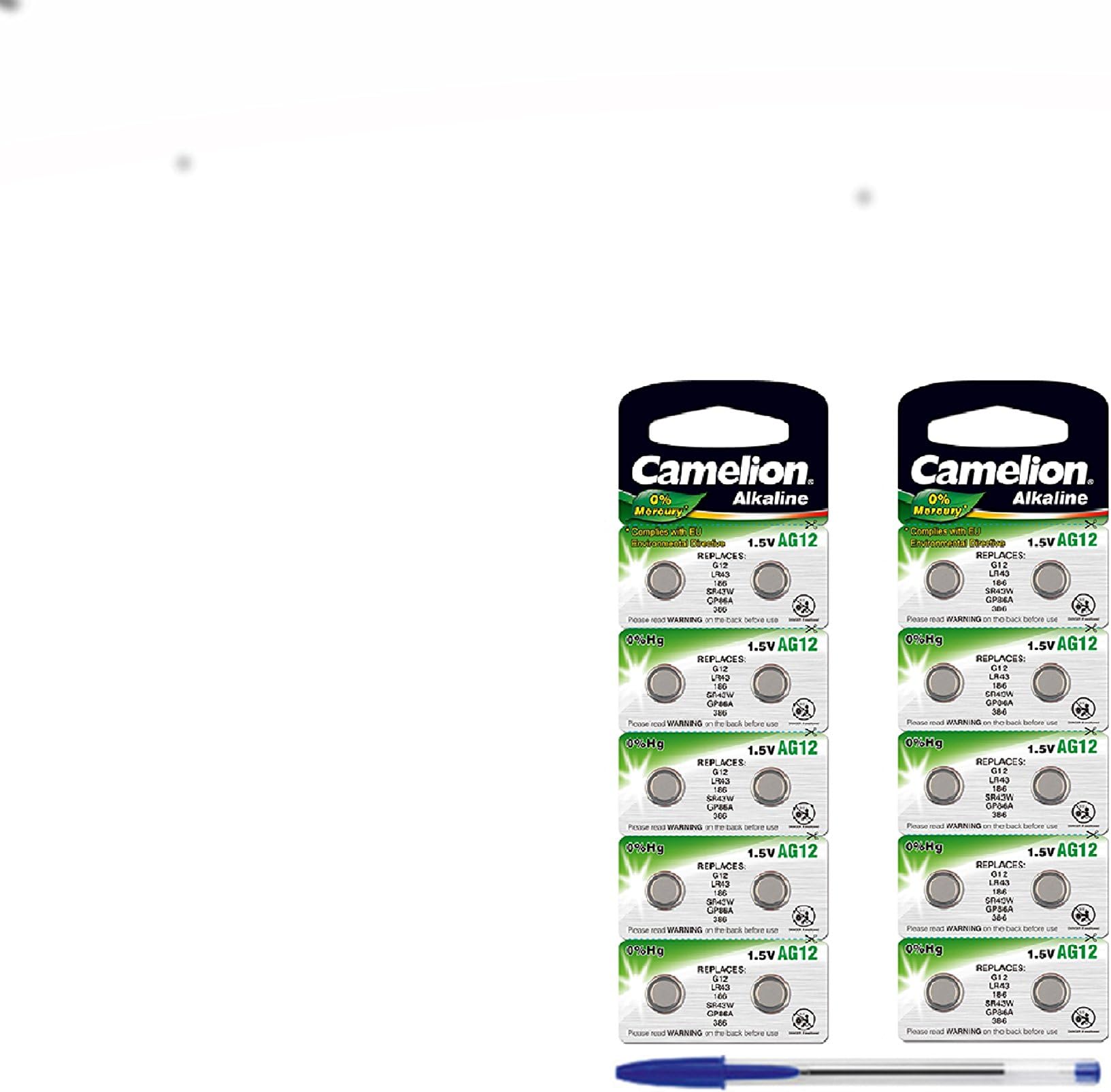 Camelion pack of 20 button cell alkaline batteries LR43 AG12 1.5V with 2 x free ballpoint pens