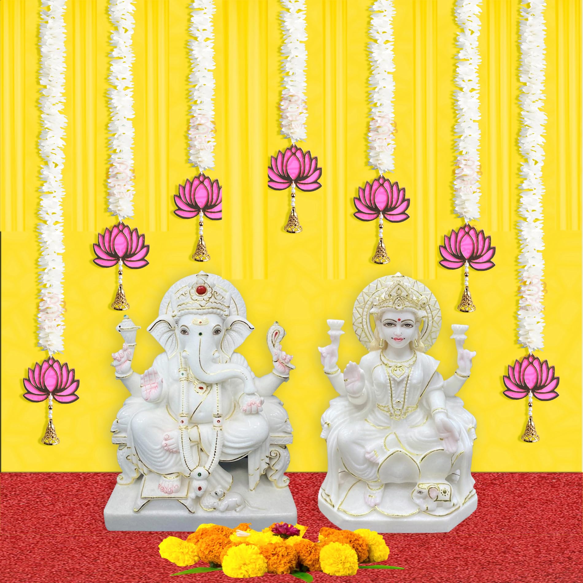 BENAVJI Presents Handmade Artificial Jasmin Mogra Garland String with MDF Lotus in Bell Style for Home Deocr Diwali Decoration Size 60 CM Length Pack of 7