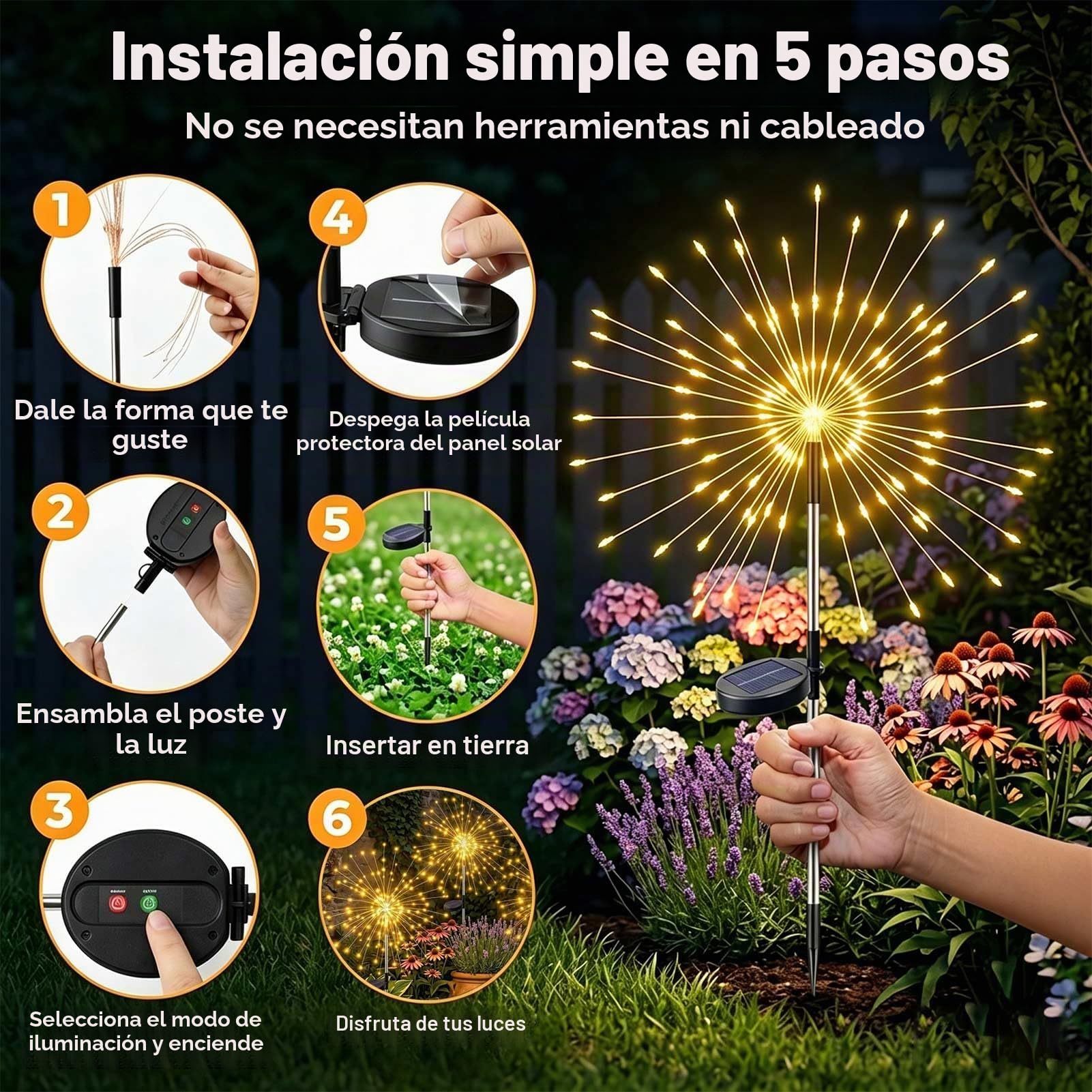 Joycome Luces Solares LED Exterior Jardin, 4 Piezas 120 LED Luz Solar de Fuegos Artificiales, 8 Modos lamparas Solar Exterior Jardin Impermeable para Patio, Balcón, Macetero, Boda, Fiesta