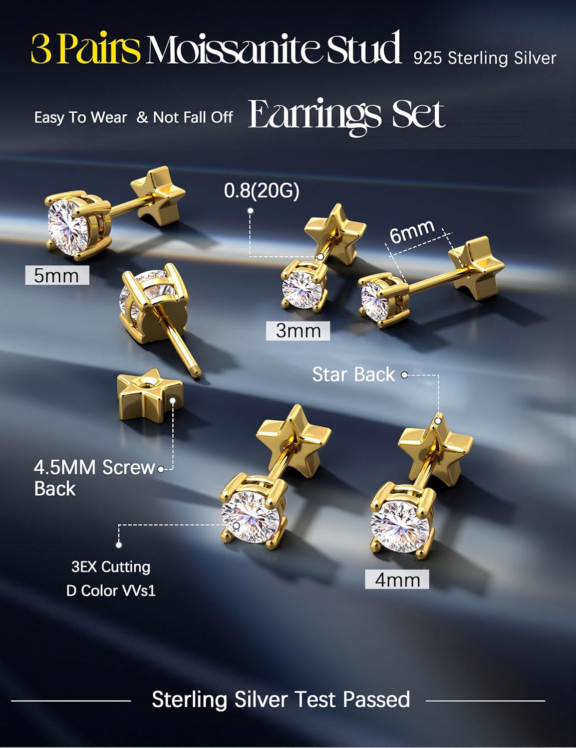 Moissanite Earrings Studs - S925 Sterling Silver Post Flat Back Earrings for Women Men Double Sided Star Heart Cartilage Earring Stacks Helix Piercing D Color VVS1 1.8 CT Moissanite Jewelry Gift - Image 6