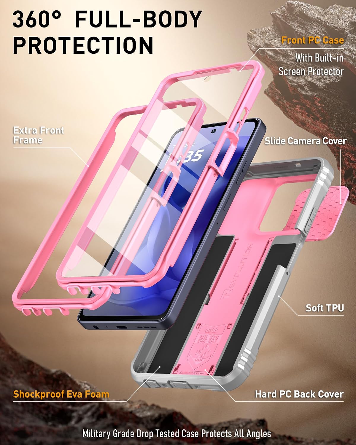 Poetic Revolution Case for Motorola Moto G Power 5G 2026 / Moto G Power 5G 2025, [Slide Camera Cover], Full-Body Military Grade Shockproof Cover with Kickstand and Built-in-Screen Protector, Pink
