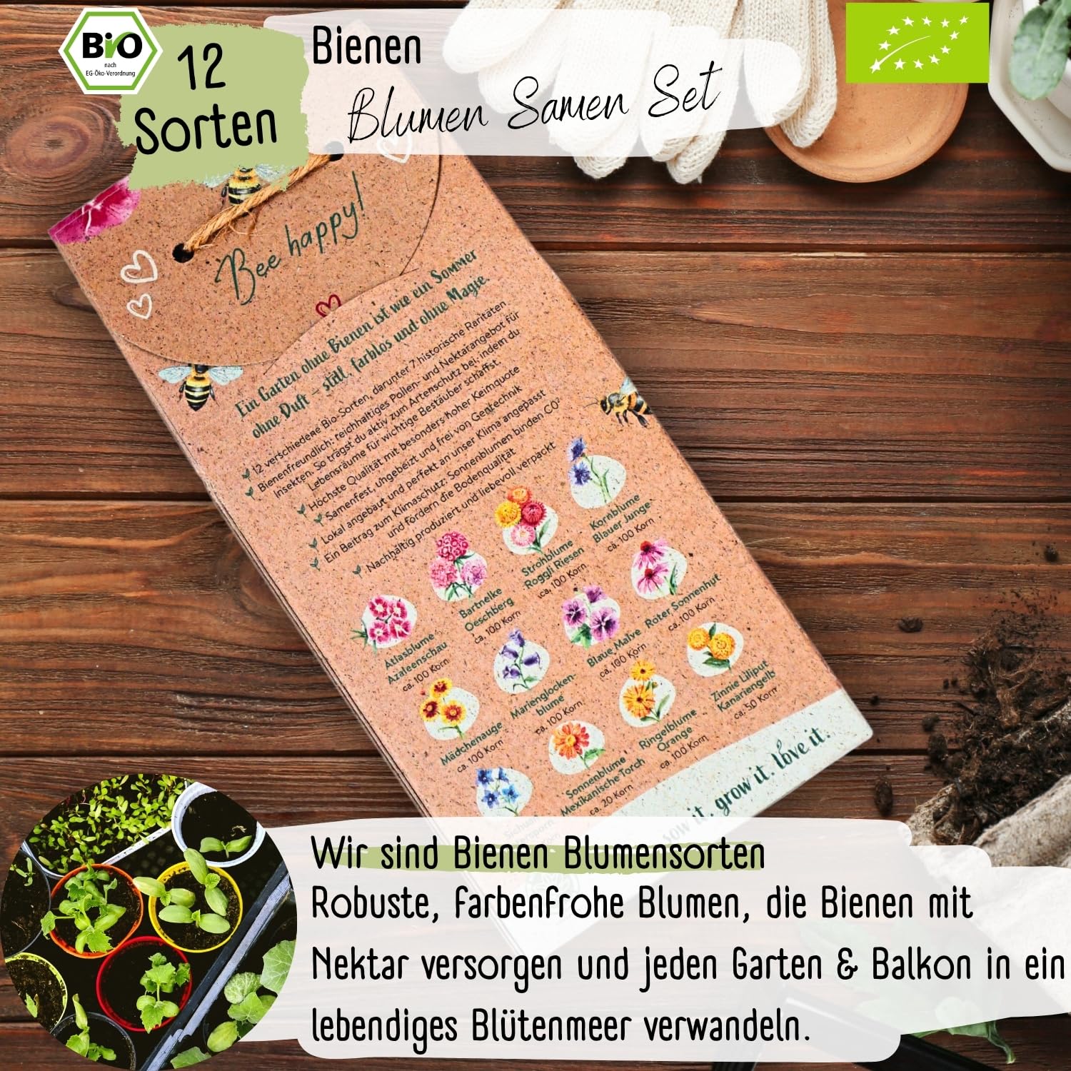 Bio Bienen Blumen Samen Set – 12 Sorten samenfeste Bio Blumensamen – mit extra viel Blumen Saatgut für deine Bienen. Schönes Pflanzensamen Set mit Wildblumensamen als Gastgeschenk.