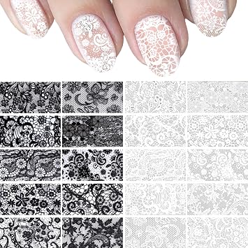 20 Rolls Lace Nail Foil Transfer Sheets, 2 Boxes Lace Nail Foil Stickers, Flower Holographic Decals Accessories for Manicure Wrap Decoration DIY Art- Black & White