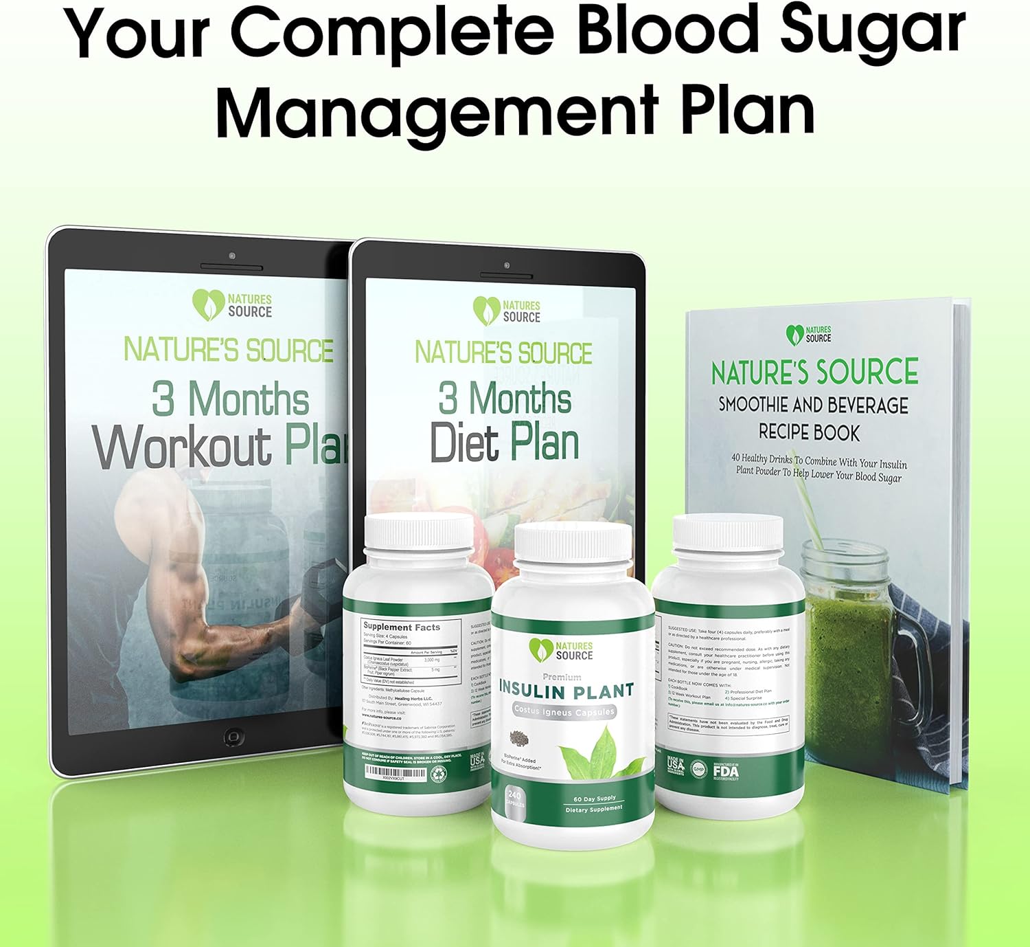 NATURES SOURCE Insulin Plant Capsules (Costus Igneus) - Complete Health Management Program Including Cookbook, Diet & Workout Plan - 60 Day Supply - Made in the USA