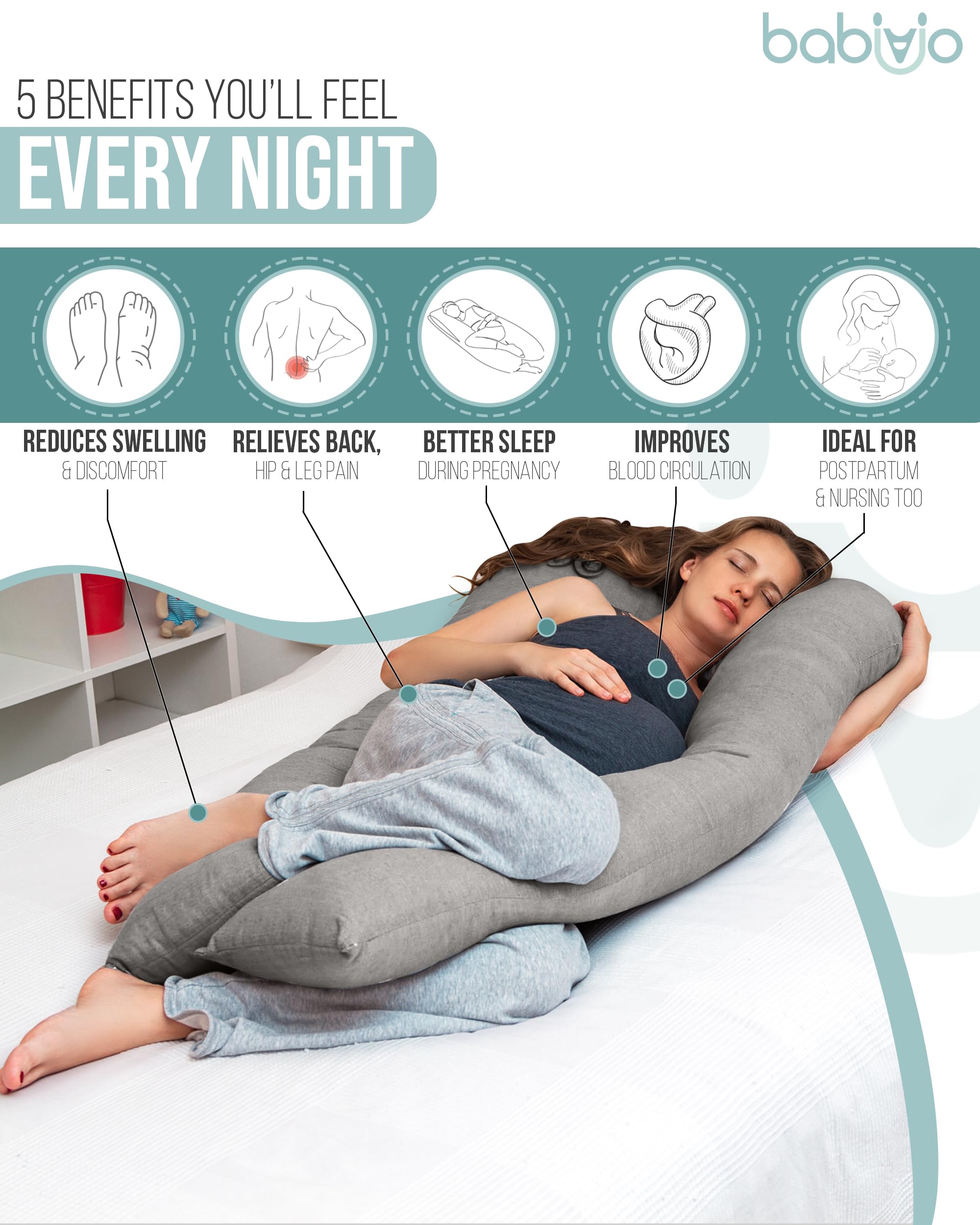 U-Shaped Pregnancy Pillow – 100% Cotton Cover, Full Body Maternity Support for Belly, Back and Legs – Bonus Eye Mask and Gift Box (Dark Grey)