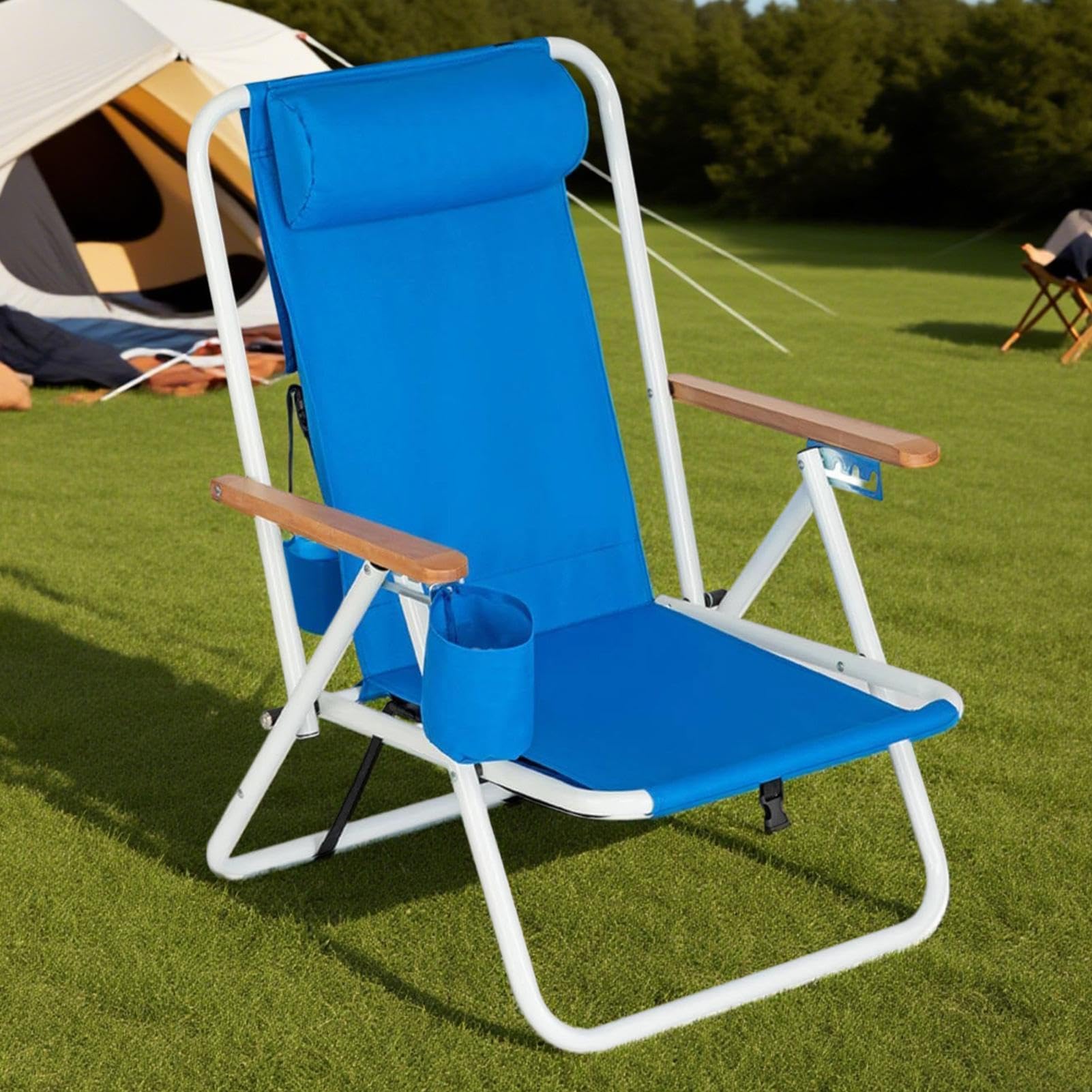 Generico Rucksack Strandstühle | Verstellbare Kopfstütze Outdoor Klappstuhl | Leichter Und Tragbarer Liegestuhl Mit Getränkehalter Für Erwachsene Für Rasen Sand Sommer Outdoor Picknick Und Reisen