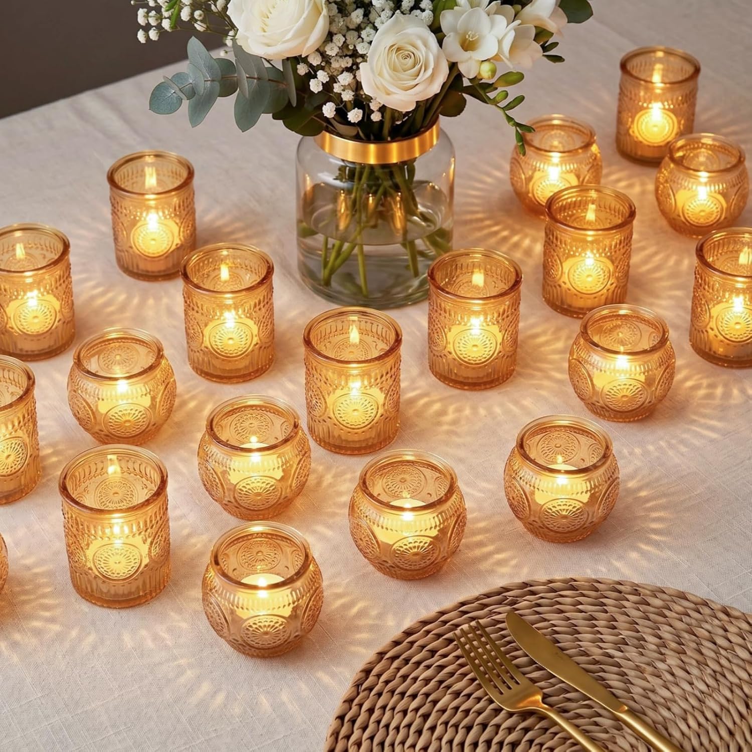 24 Pieces Votive Candle Holders, Vintage Glass Candle Holder Bulk for Table Centerpieces, Flower Tea Lights Candles Holder Boho Home Decor for Wedding, Bridal Shower, Birthday, Christmas