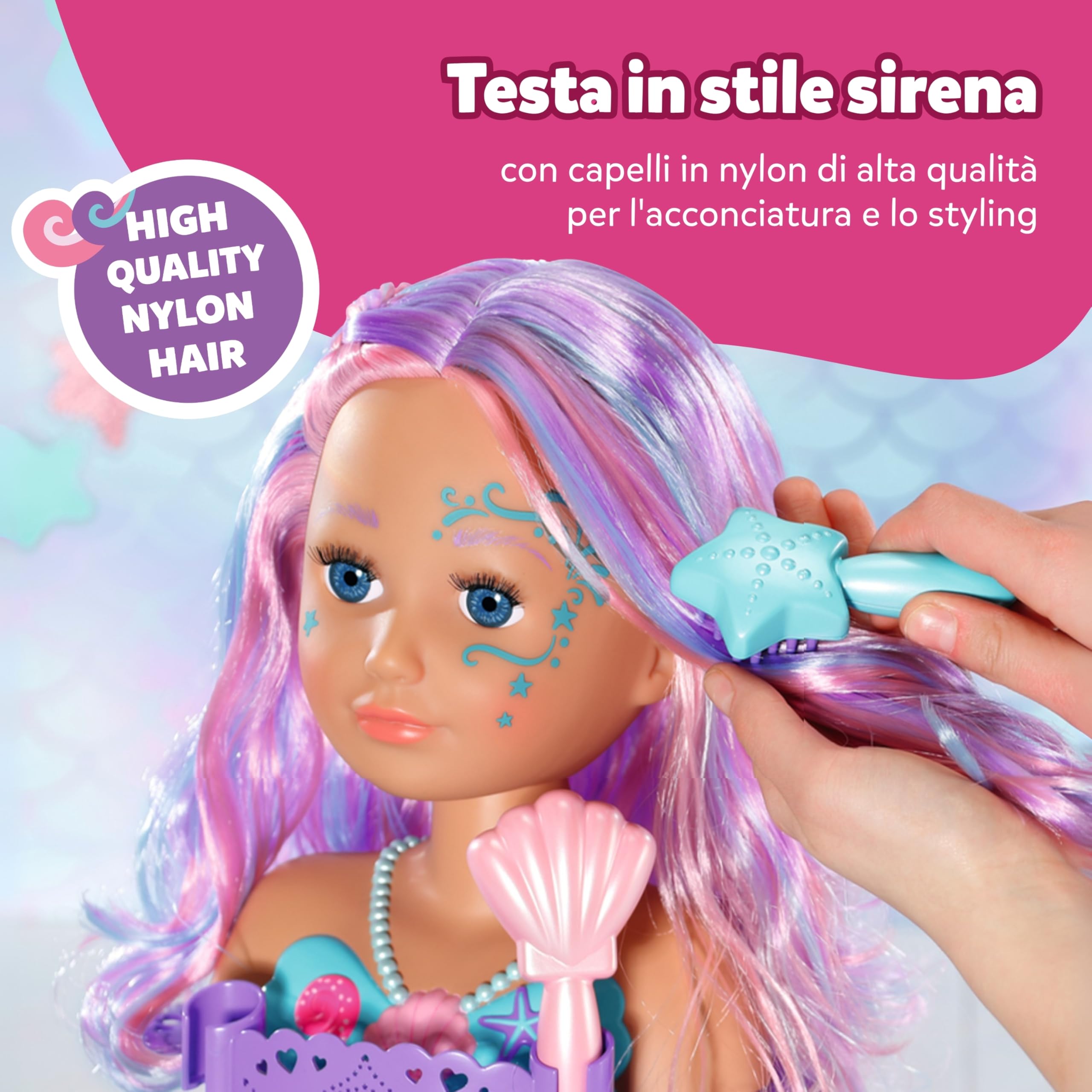 BABY born Testa stilizzata Sirena - Testa da trucco e acconciare per bambine dai 3 anni in su - Girevole e adatta per il bagnetto - Con funzione acqua, spazzola, diadema e accessori
