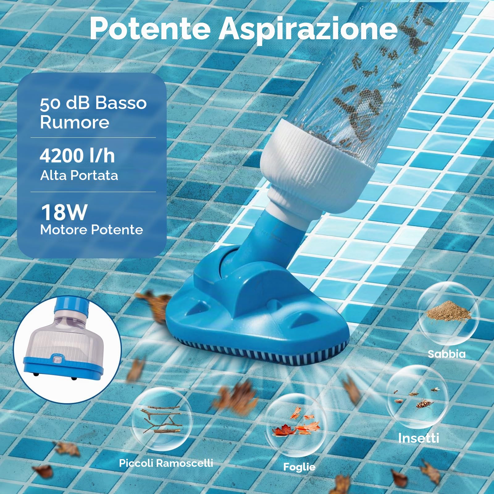 Aspirapolvere per piscina senza fili, pulitore manuale per piscina con autonomia di 70 minuti, ricarica rapida in 1 ora, impermeabile IPX8, ideale per spa, vasche idromassaggio, piscine fuori terra