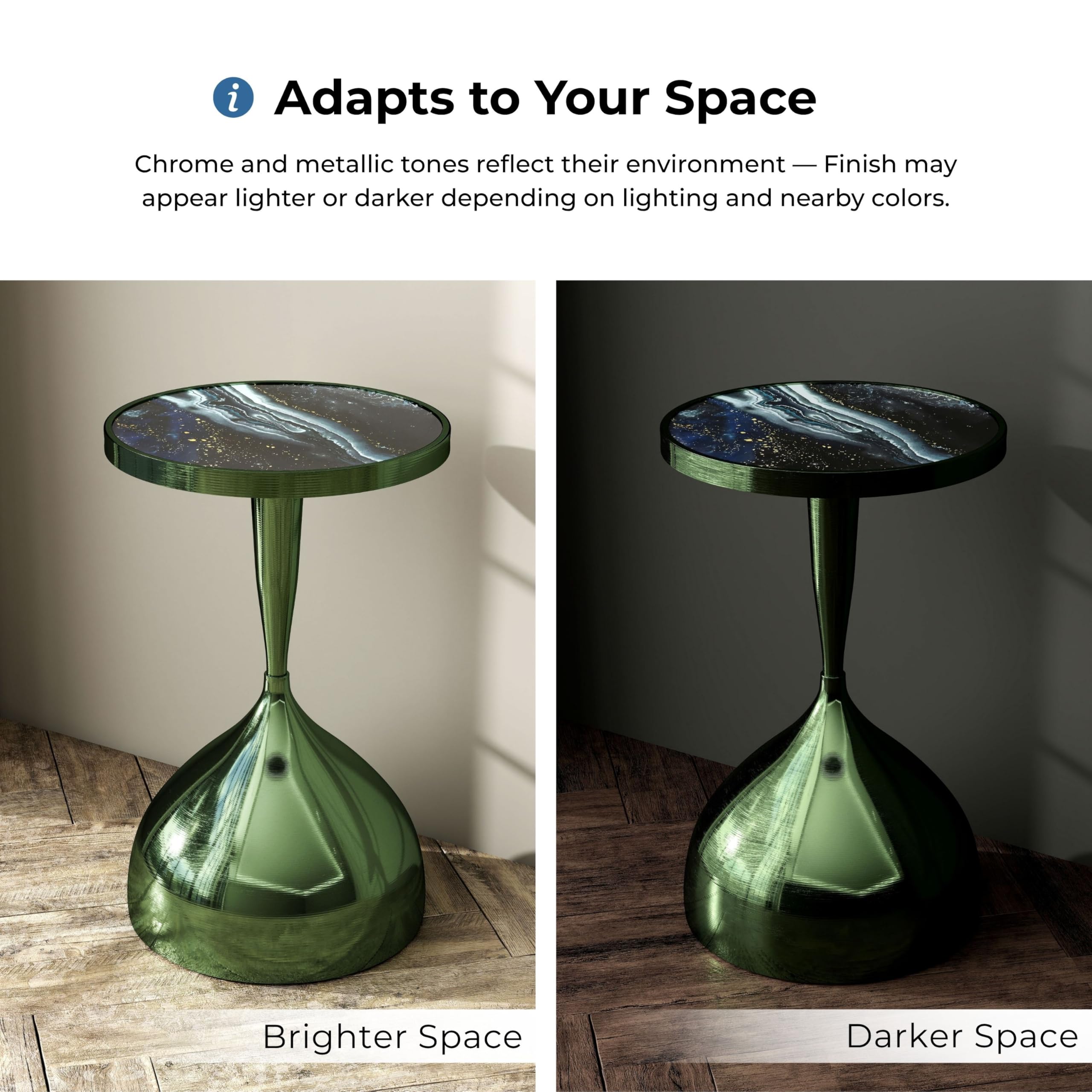 Homes: Inside + Out Halric Modern 24" Tall Round End Table with Decorated Tabletop and Iron Metal Base, Accent Furniture, Elegant Pedestal Stand for Living Room, Home Office, Chrome Green