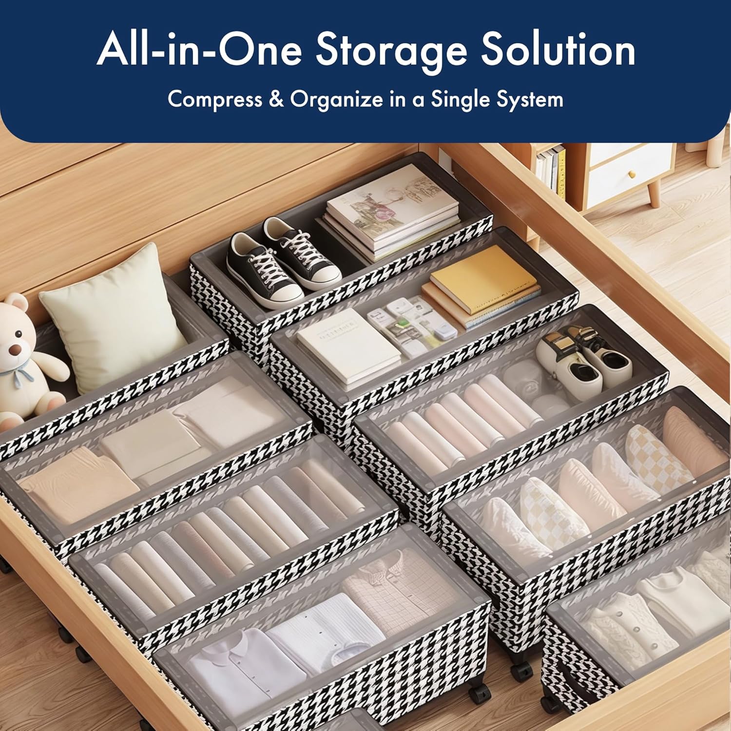Under Bed Storage with Wheels, 65L Adjustable Underbed Bins 30.3×11.4×11.8" for Clothes Shoes Blankets (white)