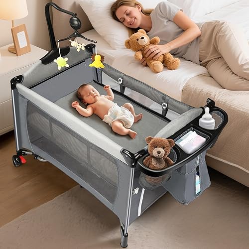 5 in 1 Pack and Play Baby Bassinet, Bedside Crib Sleeper, Portable Baby Crib with Diaper Changer, Storage Rack& Music Box Toy Bar, 1-Step Assembly Foldable Playard for Newborn to Toddlers