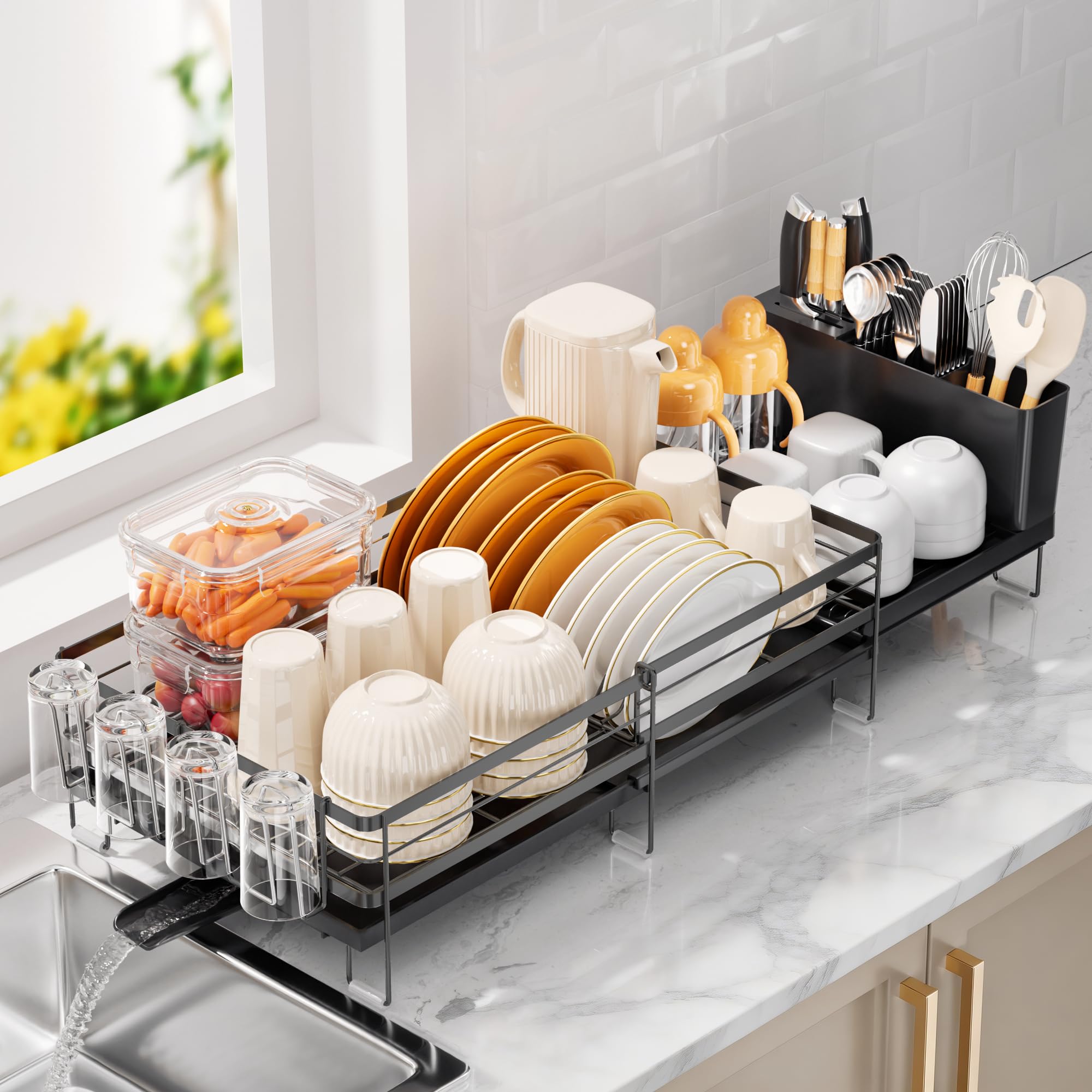 Photo 1 of Delamu Stainless Steel Dish Drying Rack, Expandable Dish Drainer, Anti-Rust Large Dish Racks for Kitchen Counter, Dish Strainers with Drainboard, Utensil & Cup Holder, 13.4"-28.7" L x 11.8" W, Black