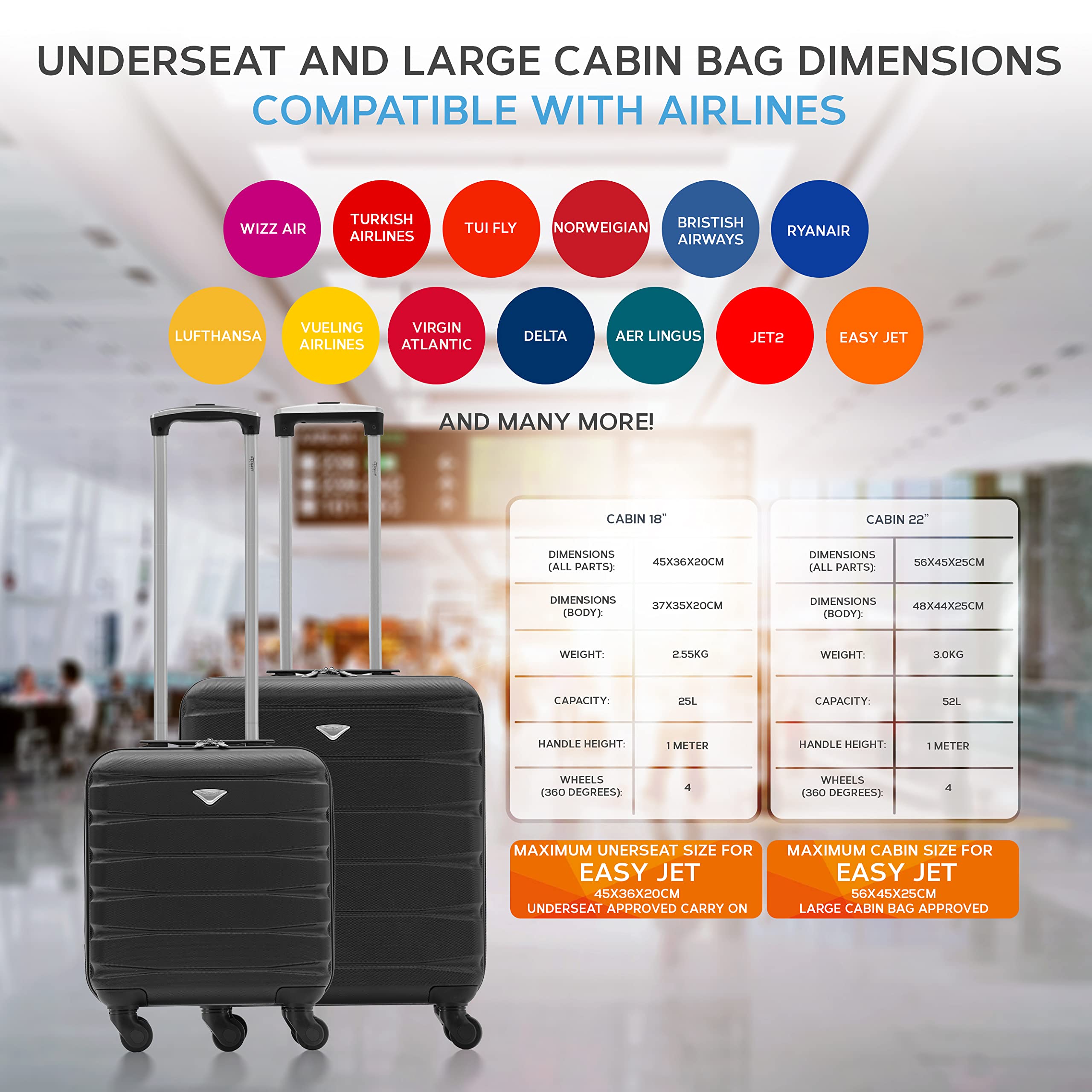 Flight Knight Suitcase Set of 2 Lightweight 4 Wheel ABS Hard Case Cabin Carry On Hand Luggage - easyJet Maximum Size for Overhead Cabin & Under Seat Carry-On - 45x36x20cm & 56x45x25cm
