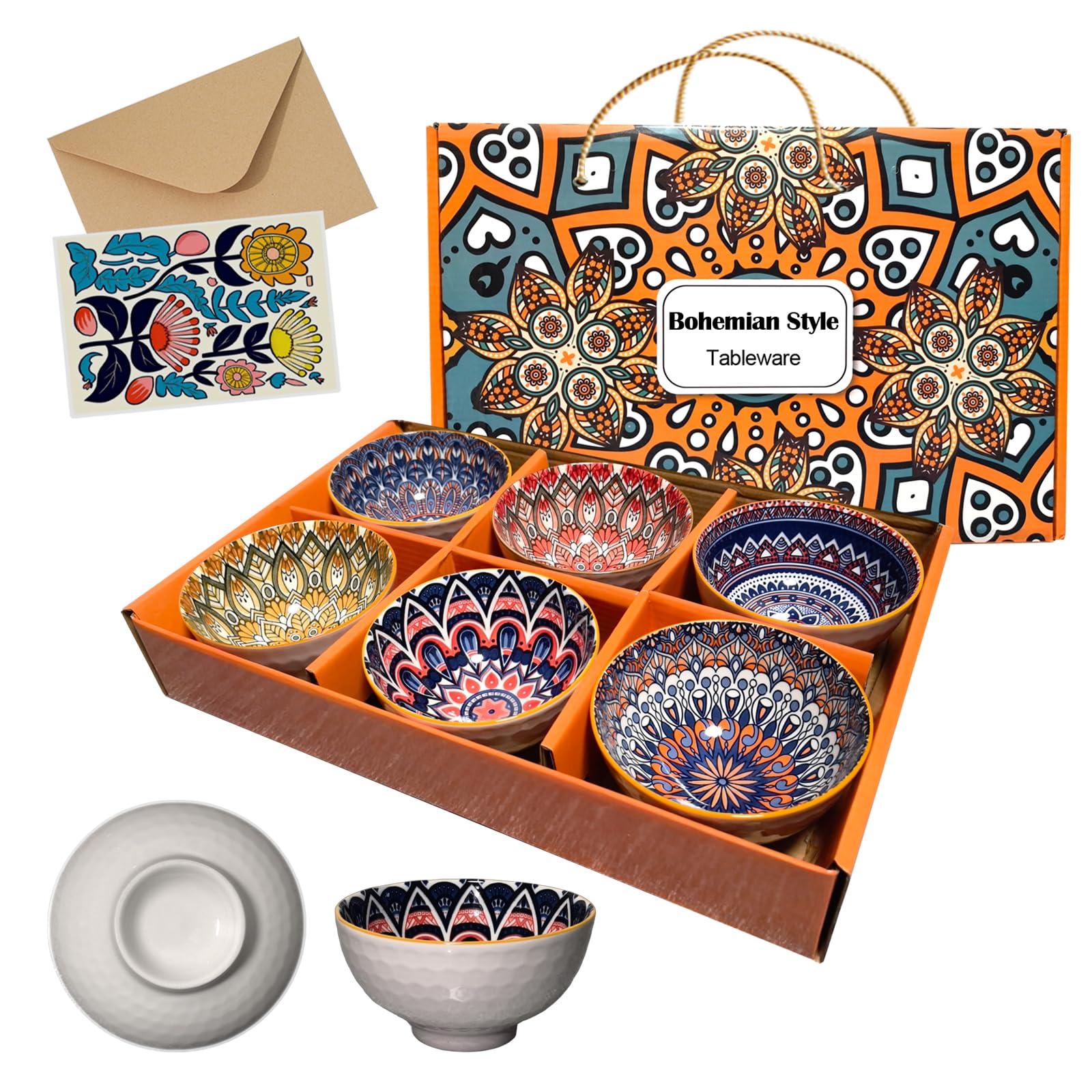 Ceramic Serving Bowls Set of 6, 10oz/300ml Bohimian Rice Bowl with Gift Box and Greeting Card, Cereal Bowls for Desserts Snacks Small Ceramic Bowls Nibble Bowls Dishwasher & Microwave Safe
