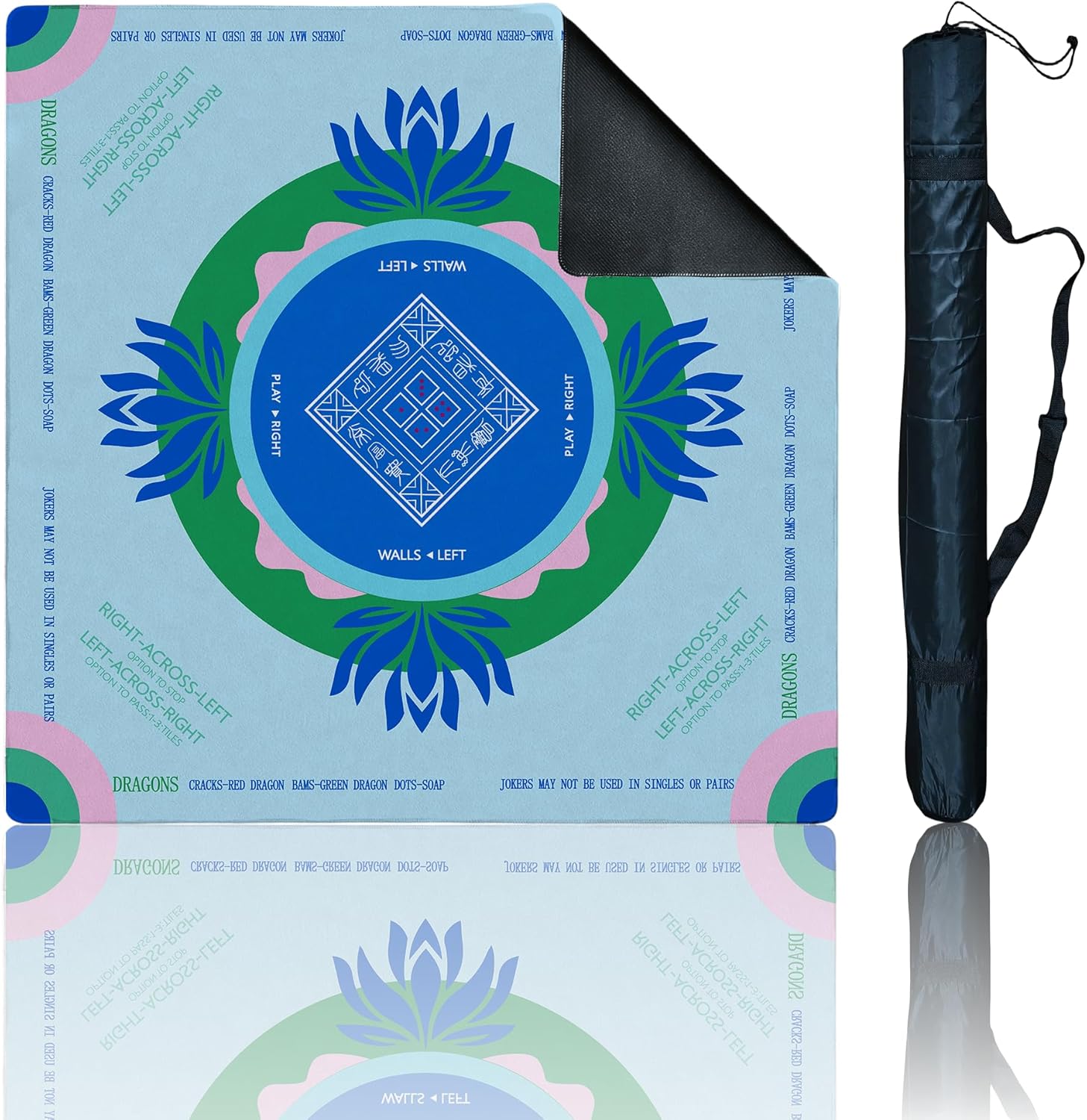 Mahjong Mat with Tech Velvet for Mah Jong Table, Noise Reduction,Anti Slip, and Crease-Free, Soft Touch, Game Rule, with Carrying Bag: 32.4 Inch Game Mat for Poker, Board, Tile, and Dominoes (L-Blue) Light-blue