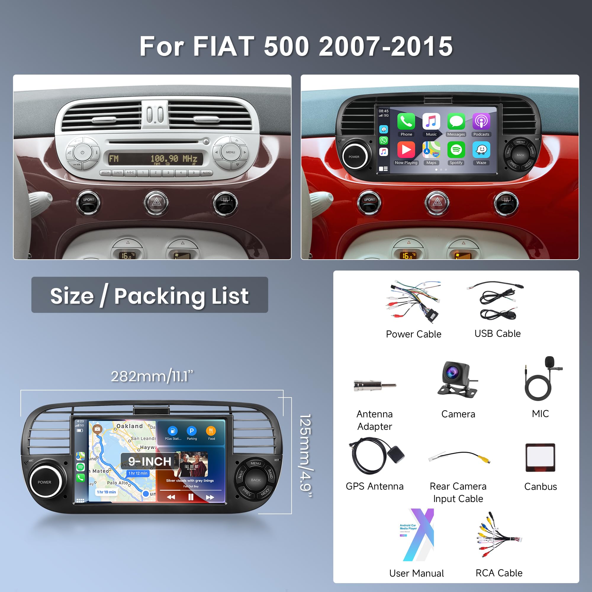 2G+64G Wireless Carplay Android Radio de Coche para FIAT 500 2007-2015 7 Pulgadas Pantalla Táctil Radio con Android Auto Navi GPS WiFi Mirror Link Bluetooth FM/RDS/DVR/EQ/Dab+/SWC Cámara Trasera