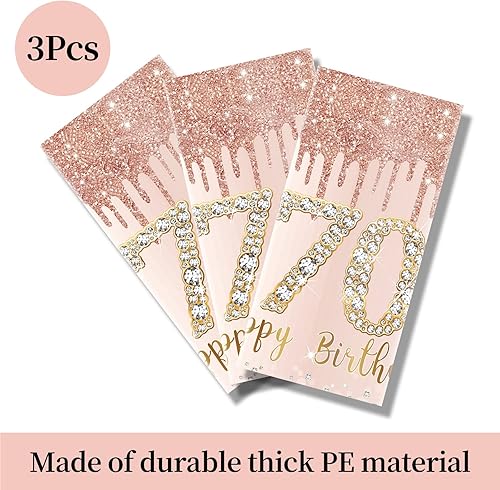 Miniatura 4 de Pack de 3 manteles de cumpleaños número 70 para mujer, rosado y dorado, mantel de plástico desechable rectangular para fiesta de cumpleaños número