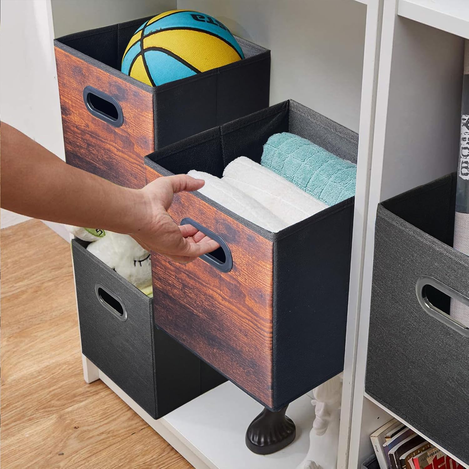 Fabric Storage Cubes, Collapsible Imitation Wood Organizer bins with 2 Handles - Set of 4, Fit Cube Storage Unit, for Clothes, Bedroom, Brown and Black (Large-12.6in x 12.6in x 12.6in-4 Pack)
