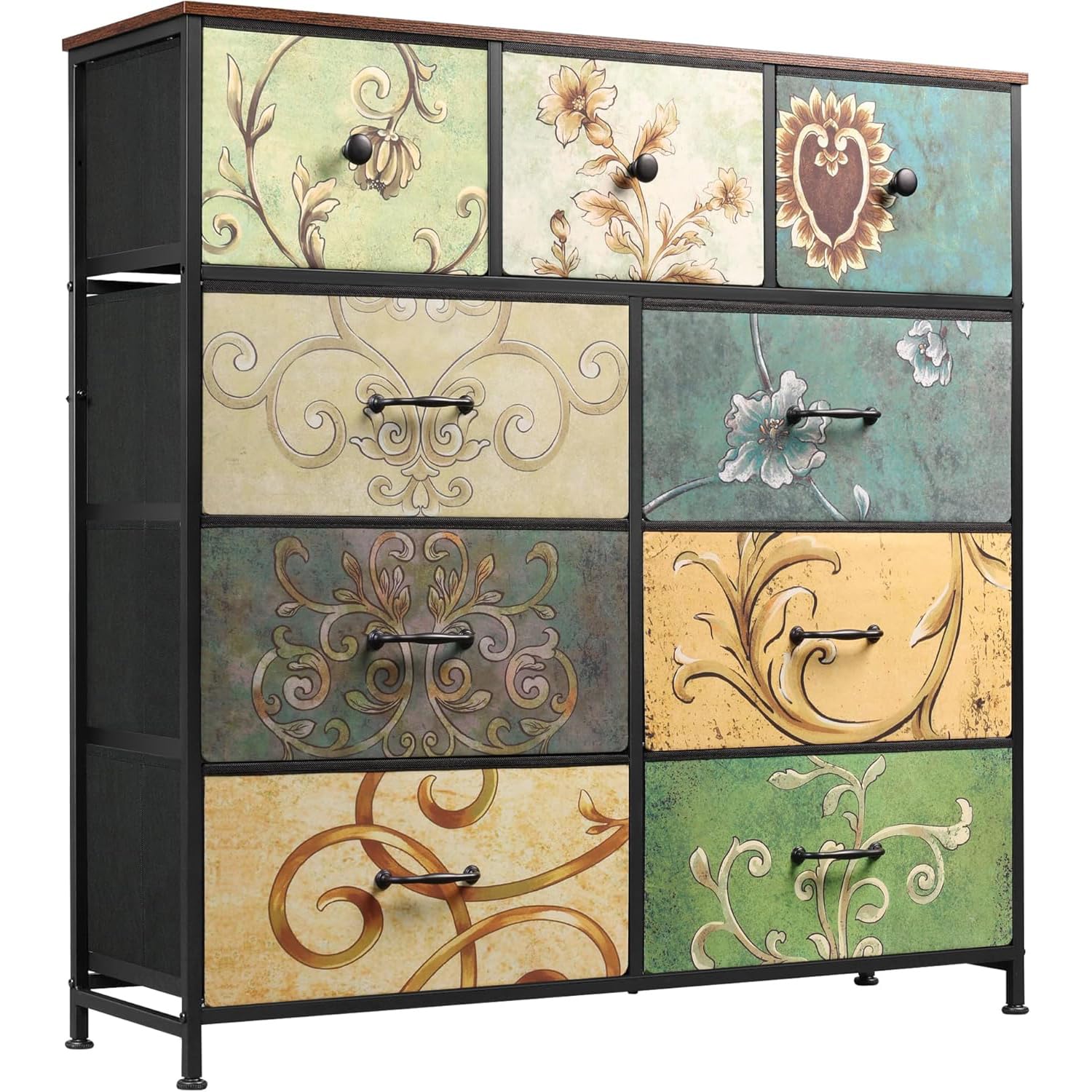 Commode à 9 Tiroirs en Tissu,Commode Chambre Adulte Armoire Tiroirs avec Plateau Bois et Cadre Métal,Meuble de Rangement pour Chambre d’Enfant, Salon et Couloir