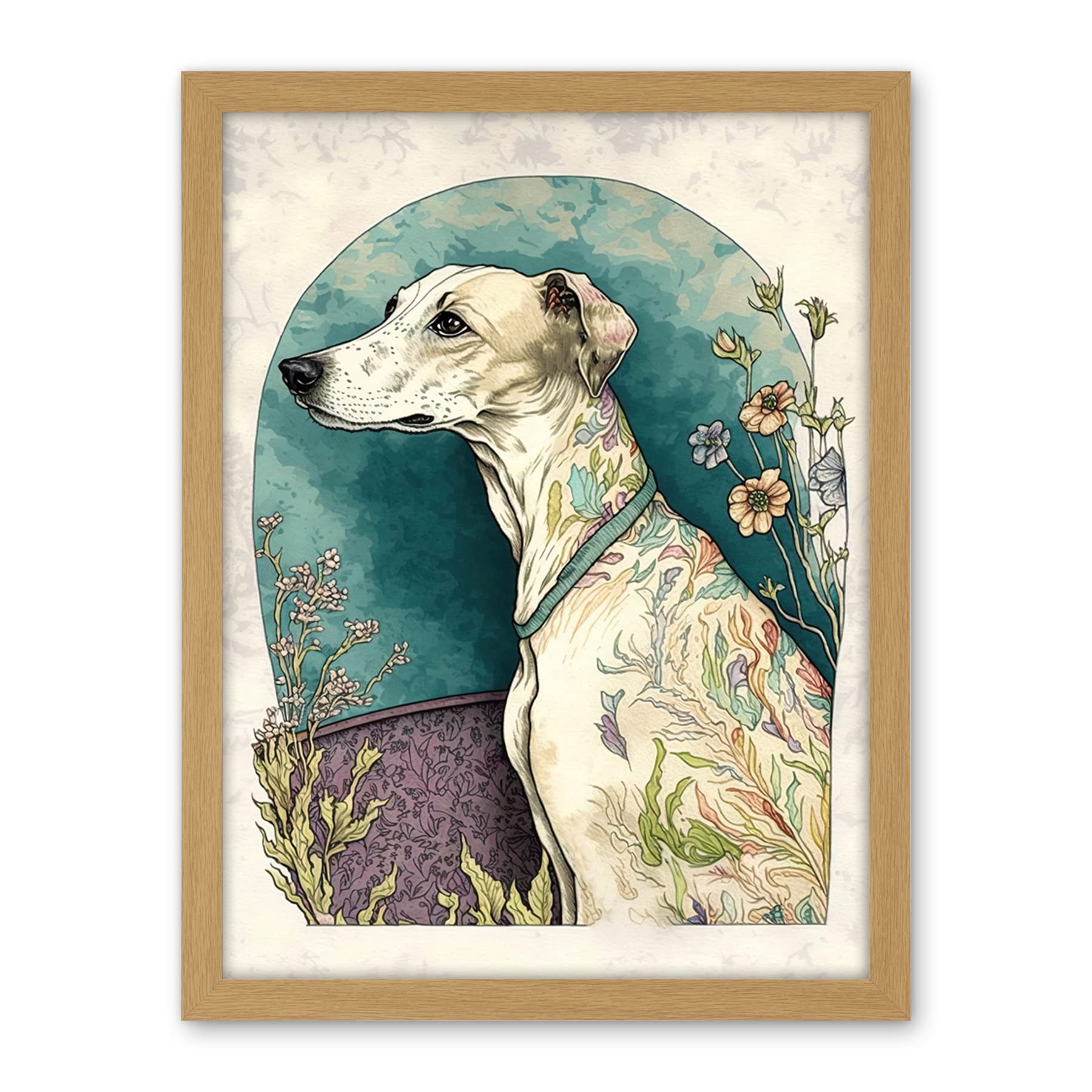 Artery8 Whippet Dog with Flowers Modern Multicoloured Watercolour Illustration Artwork Framed Wall Art Print 18X24 Inch