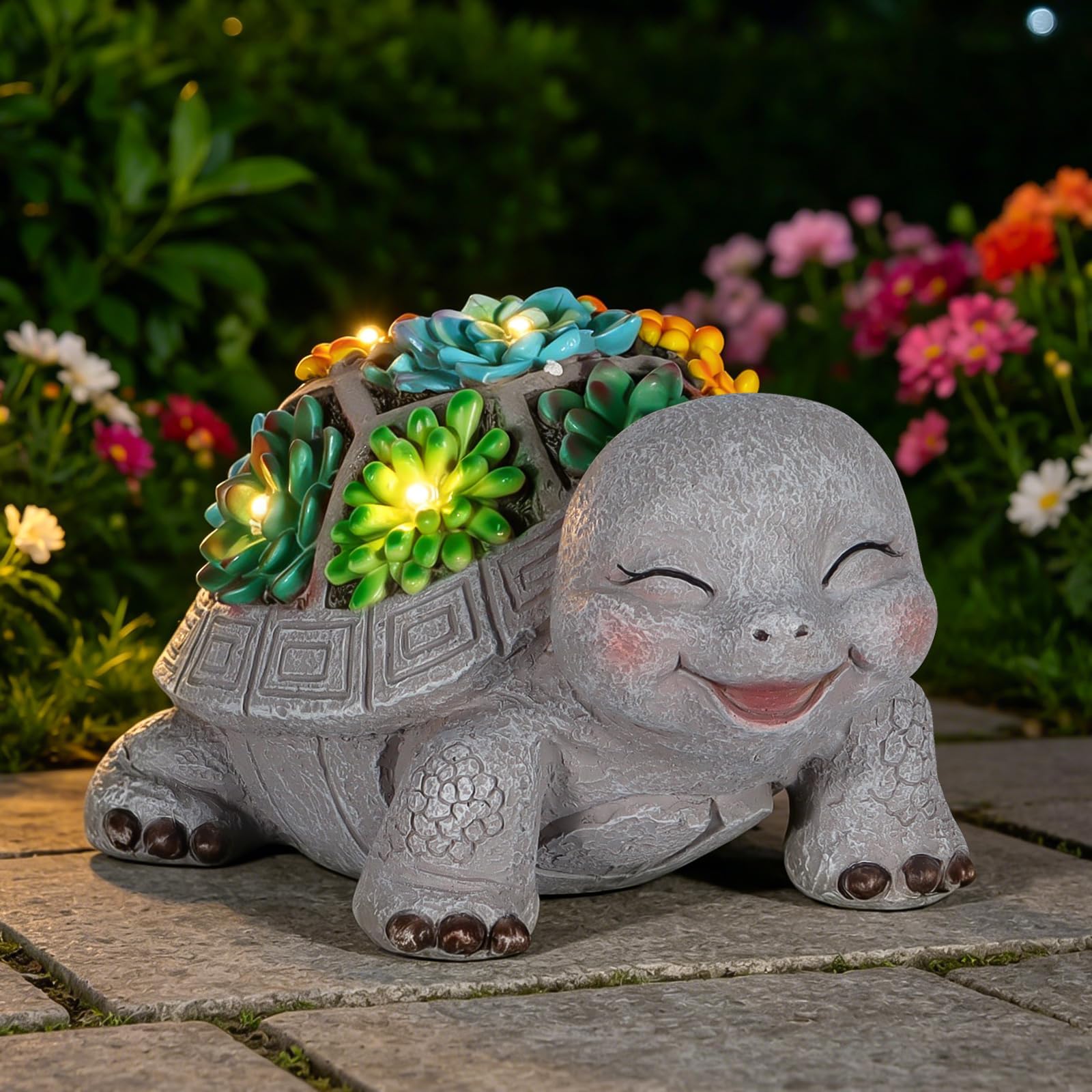mocosa Solar Garten Outdoor Statuen Schildkröte mit Gänseblümchen und LED-Lichtern | Rasen-Dekoration für Terrasse, Balkon, Hof, Geburtstagsgeschenke für Frauen, Oma, Muttertag