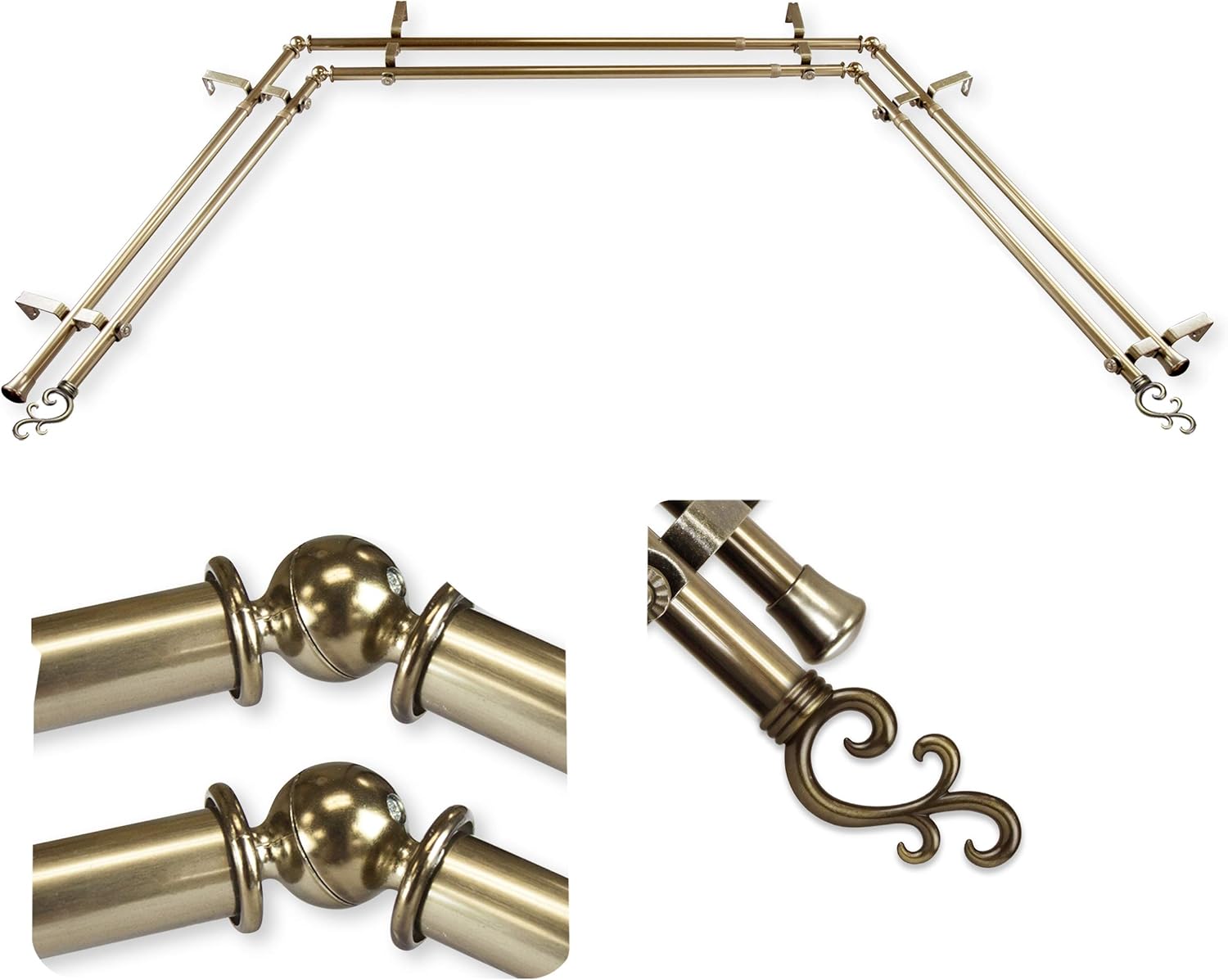 A&F Rod Decor - Wave 13/16" Double Bay Window curtain rod 20"-36", 38"-72" - Satin Nickel