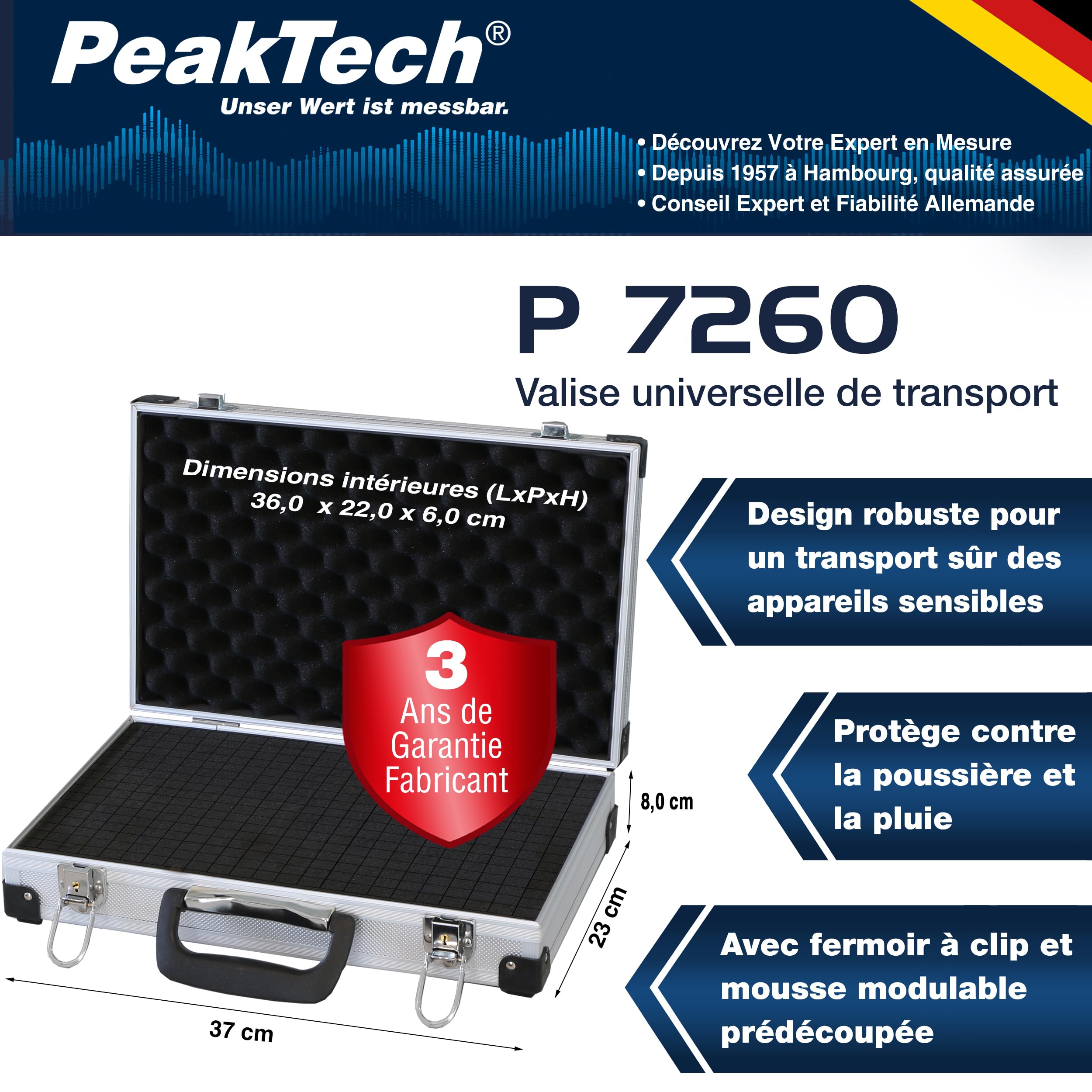 PeakTech 7260 - Mallette Universelle pour Instruments de Mesure, Mallette Robuste en Aluminium, Compartiment à Outils, Rembourrage en Mousse, Verrouillable, Anti-Poussière, L - 370 x 230 x 80mm