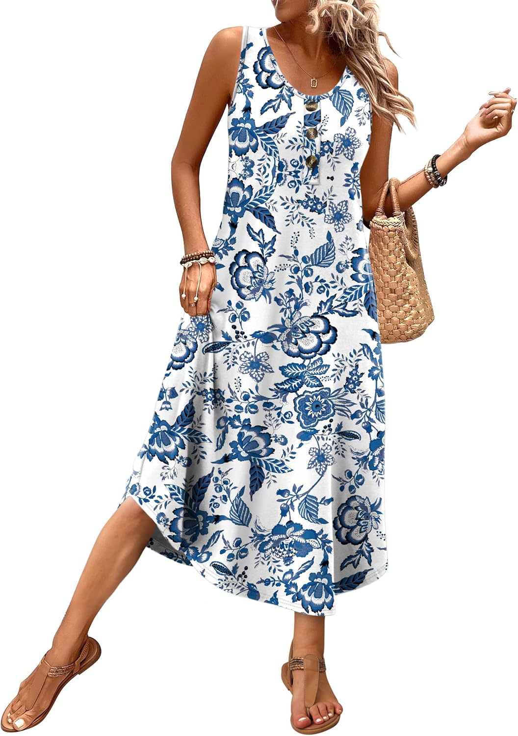 WIHOLL Summer Dresses for Women 2026 Button Front Sleeveless Casual Midi Dress Beach Vacation Sundresses with Pockets - Image 5