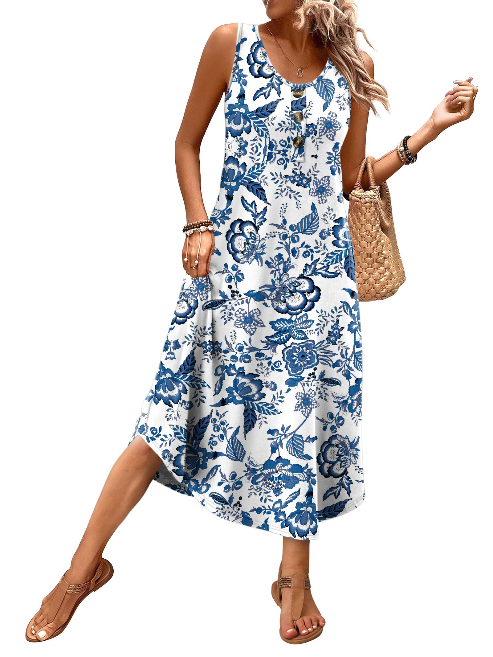WIHOLL Summer Dresses for Women 2026 Button Front Sleeveless Casual Midi Dress Beach Vacation Sundresses with Pockets - 5