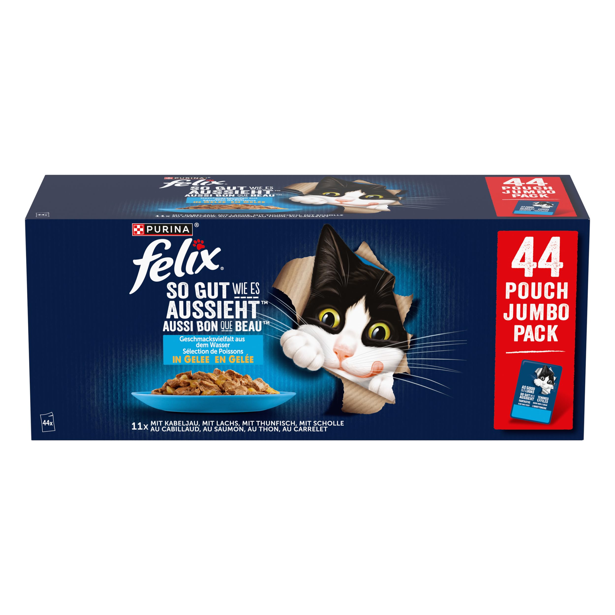Felix Comida para Gatos húmeda en gelatina, Variedad de sabores del Agua, 44 Unidades (44 x 85 g)