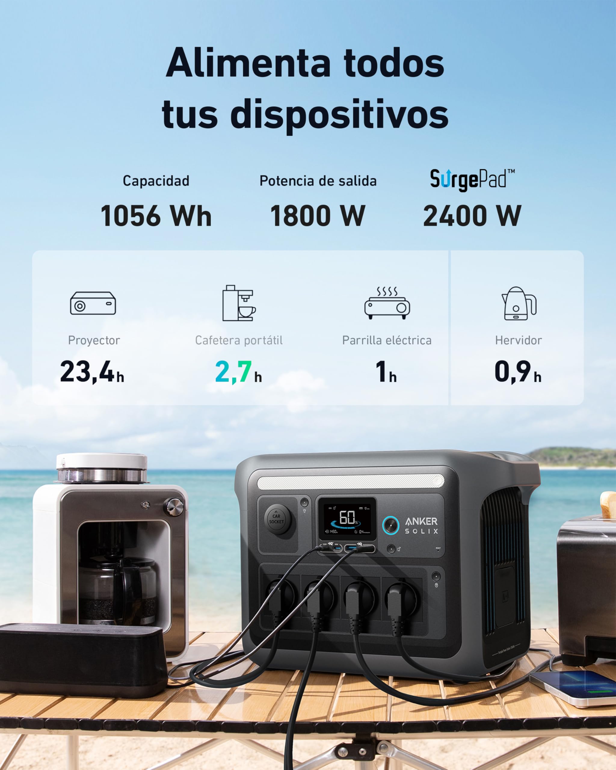Anker SOLIX C1000 Portable Power Station, generador solar de 1800 W, carga ultrarrápida en 58 minutos, LiFePO4 para acampar al aire libre y suministro doméstico auxiliar (panel solar opcional)