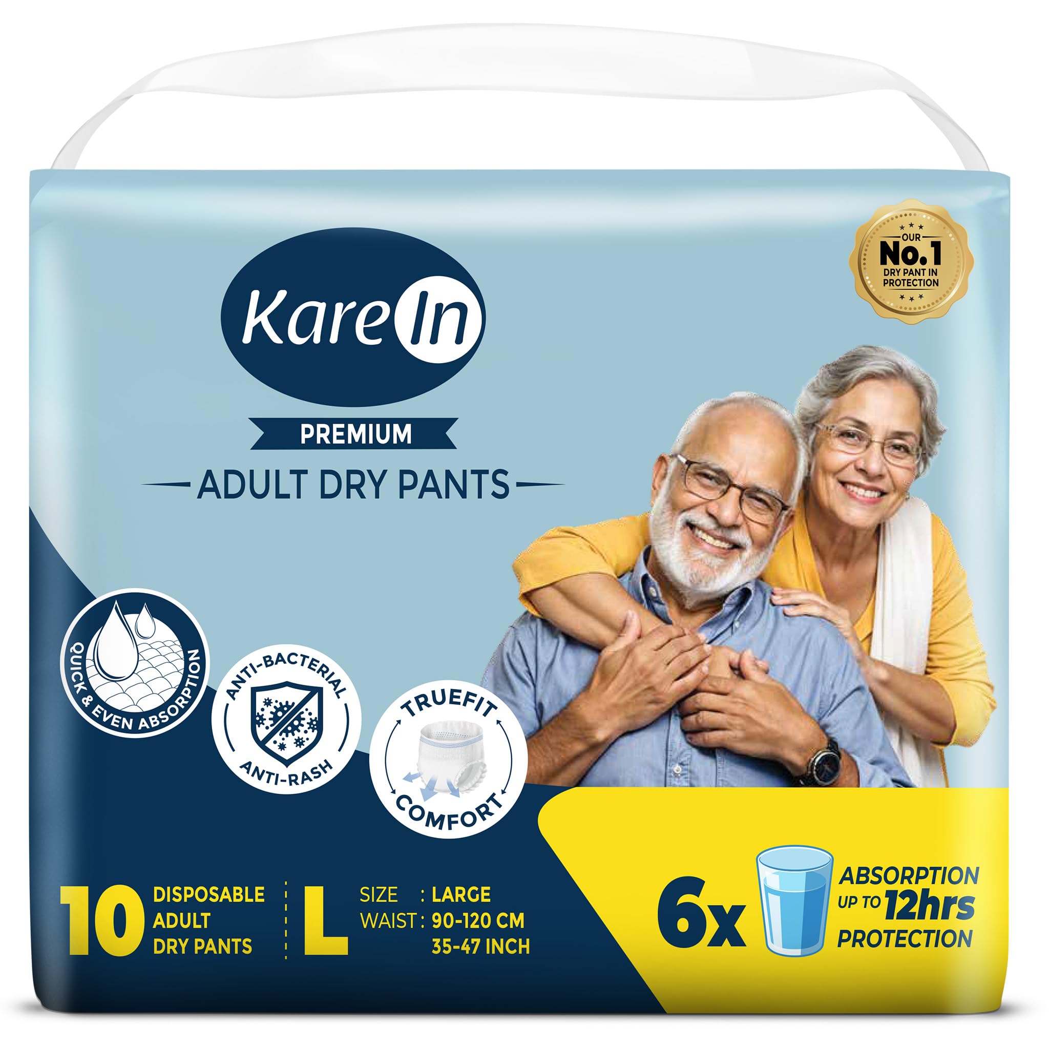 KareIn Premium Adult Diaper Pants, Large 90 - 120 Cm (35"- 47"), 10 Count, Unisex, Leakproof, Elastic Waist, Wetness Indicator