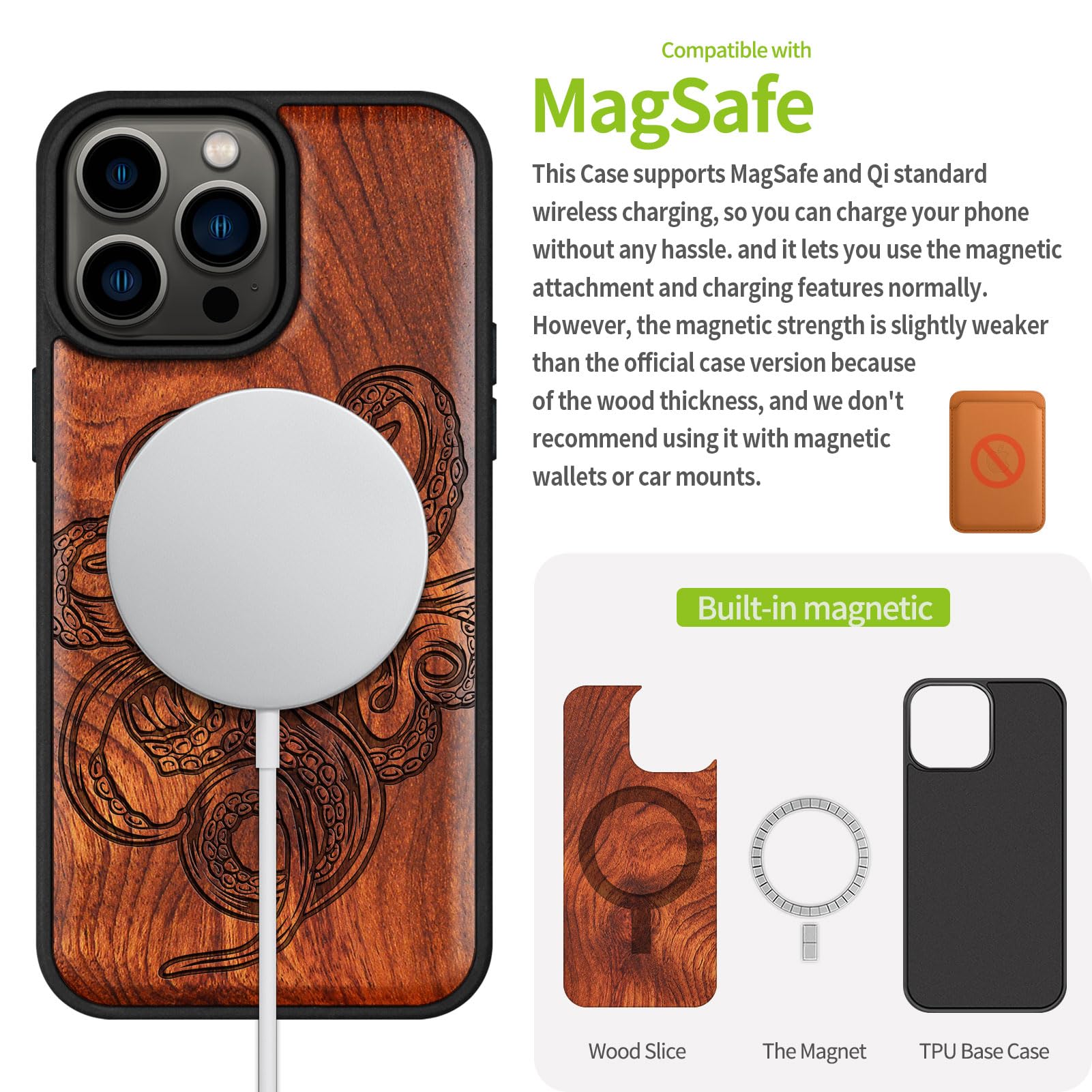 Carveit Custodia In Legno Compatibile MagSafe con iPhone 15 Pro Max Custodia, Magnetico Case avec Antiurto con Protezione Per 15 Pro Max Cover (Rosea-Arte del disegno del polpo)