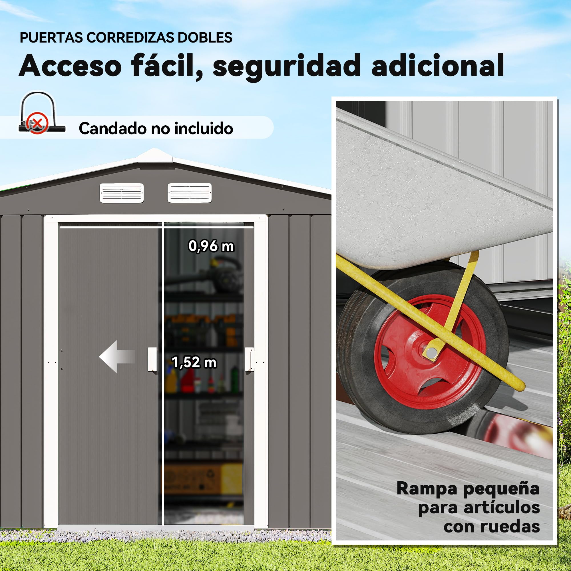 Outsunny Caseta de Jardín Exterior, 5 m² 277x195x192 cm, Cobertizo de Jardín Exterior Metálico con 2 Puertas Correderas, Base Refuerzo (Suelo NO Incluido) y 4 Ventanas, Gris — view 4