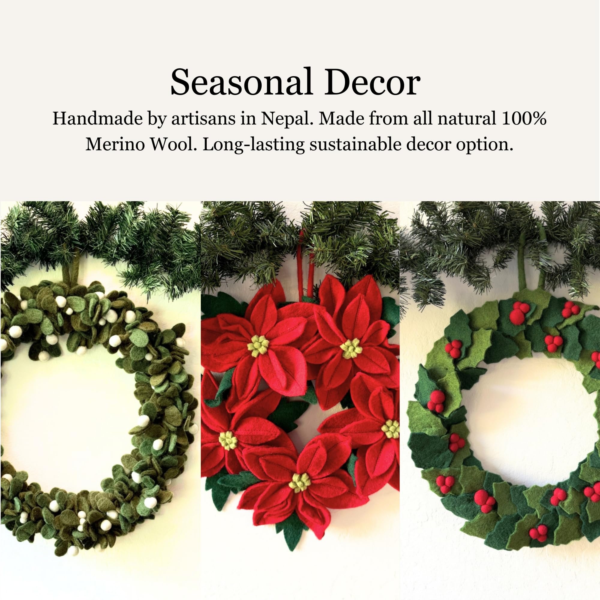 Humble Hilo Corona de flores de fieltro hecha a mano, corona de Navidad, decoración de otoño para puerta (corona navideña con bayas rojas)
