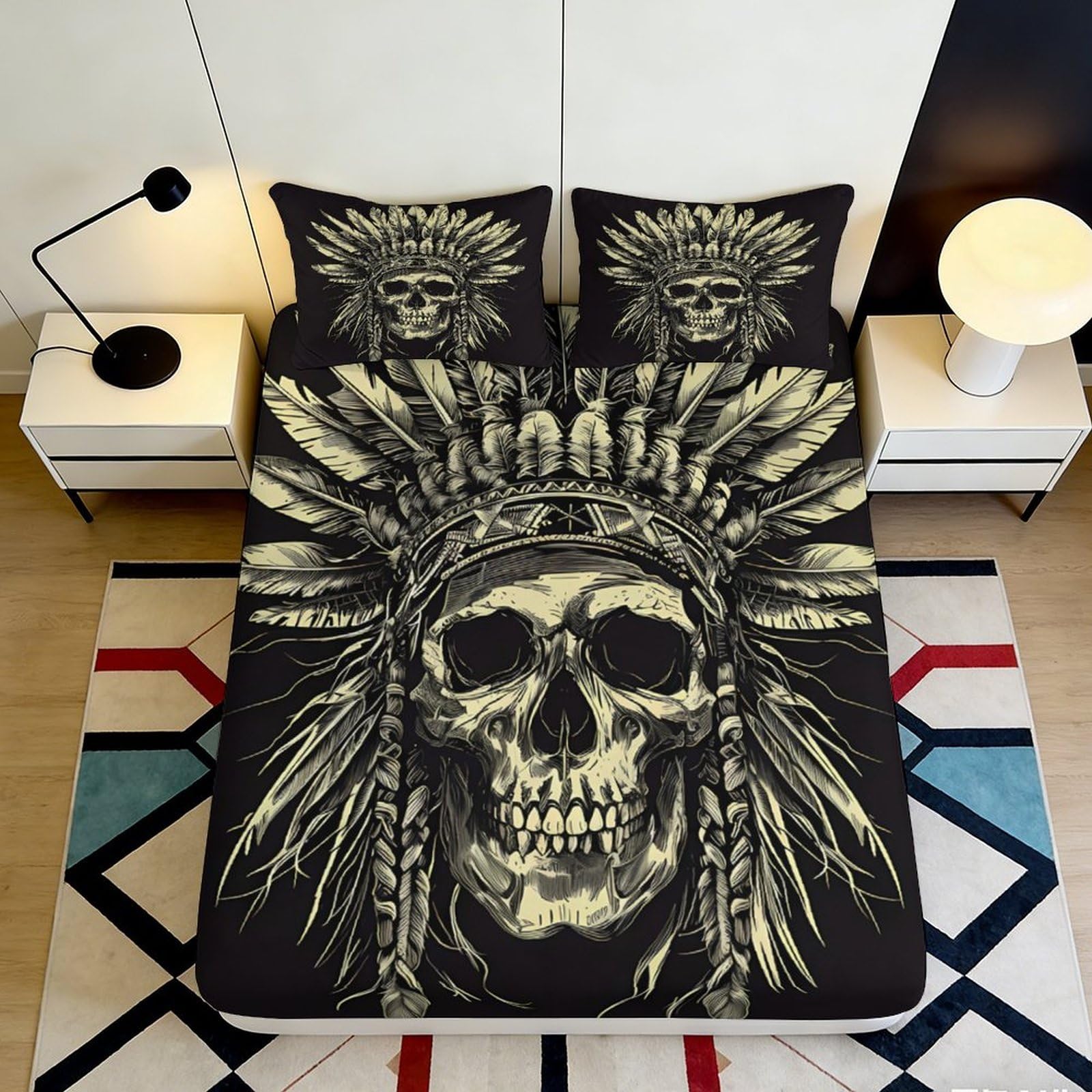 3D Printed Skull Design Microfiber Fitted Sheet Deep Pocket Non-Slip Bedroom Bedding Skull Mattress Fitted Cover for Adults Teens 160x200x25cm